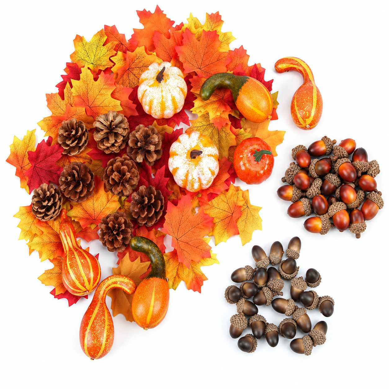 Sorvyzxn Dekofigur Künstliche Kürbisse 70/166er Set, Herbstdeko mit Zapfen & Blättern (166 St), Mini-Kürbisse, Tannenzapfen & Eicheln für Halloween & Herbst
