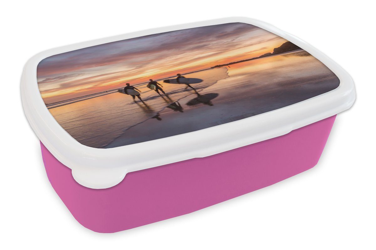 Brotdose Kinder, rosa Snackbox, Drei (2-tlg), für bei MuchoWow Lunchbox Surfer Mädchen, Kunststoff Brotbox Kunststoff, Sonnenuntergang, Erwachsene,