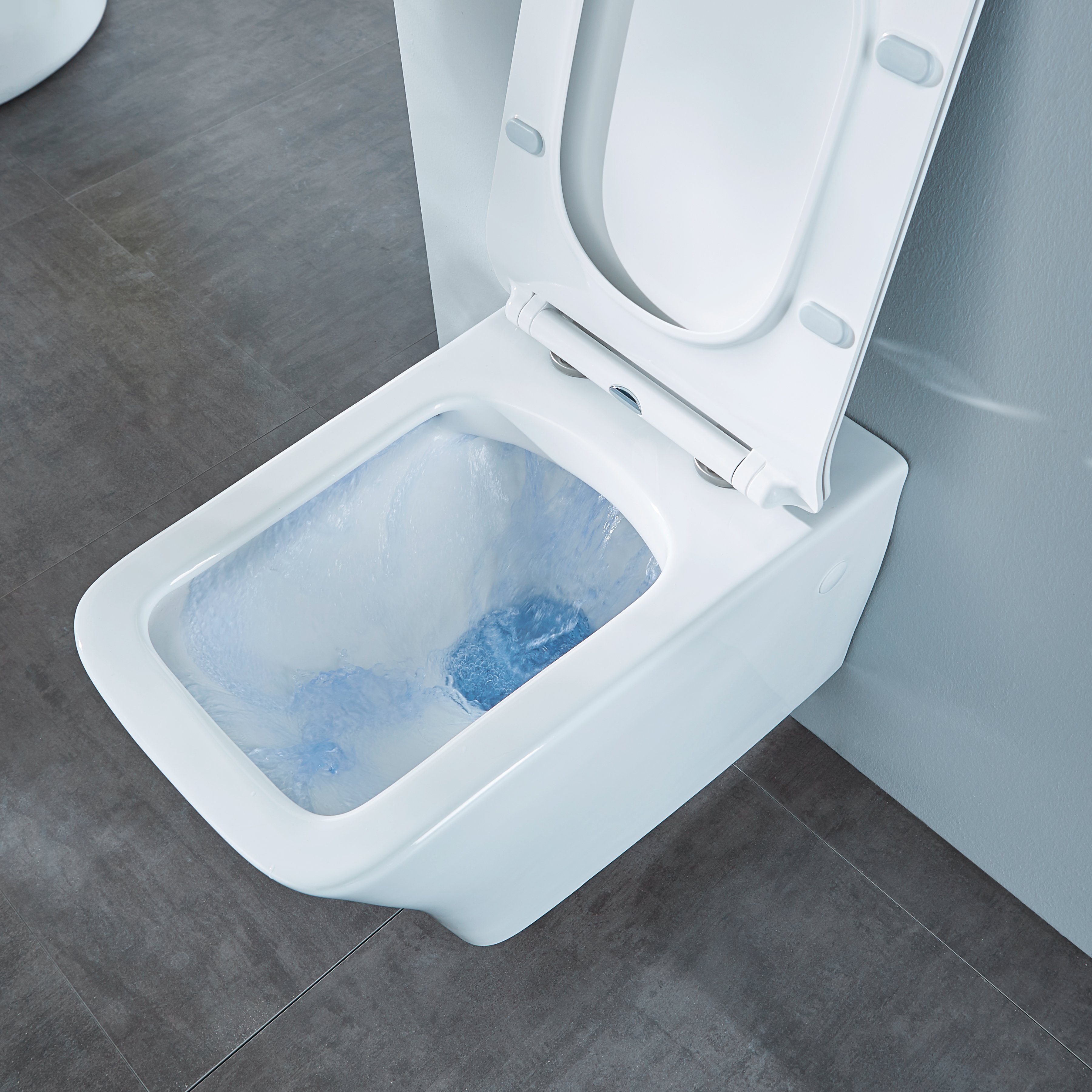 welltime Tiefspül-WC Trento eckig, wandhängend, Abgang waagerecht, Spülrandloses Tiefspül-WC, inkl. ToilettenSitz mit Softclose.