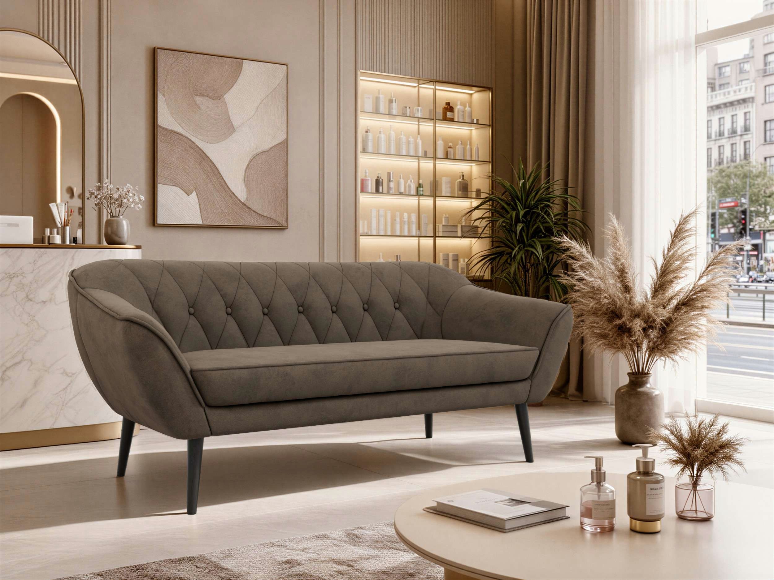 MKS MÖBEL Sofa PIRS, 3-Sitzer, Design mit Steppung, Wellenfederung, Scandi-Design, Füße wählbar