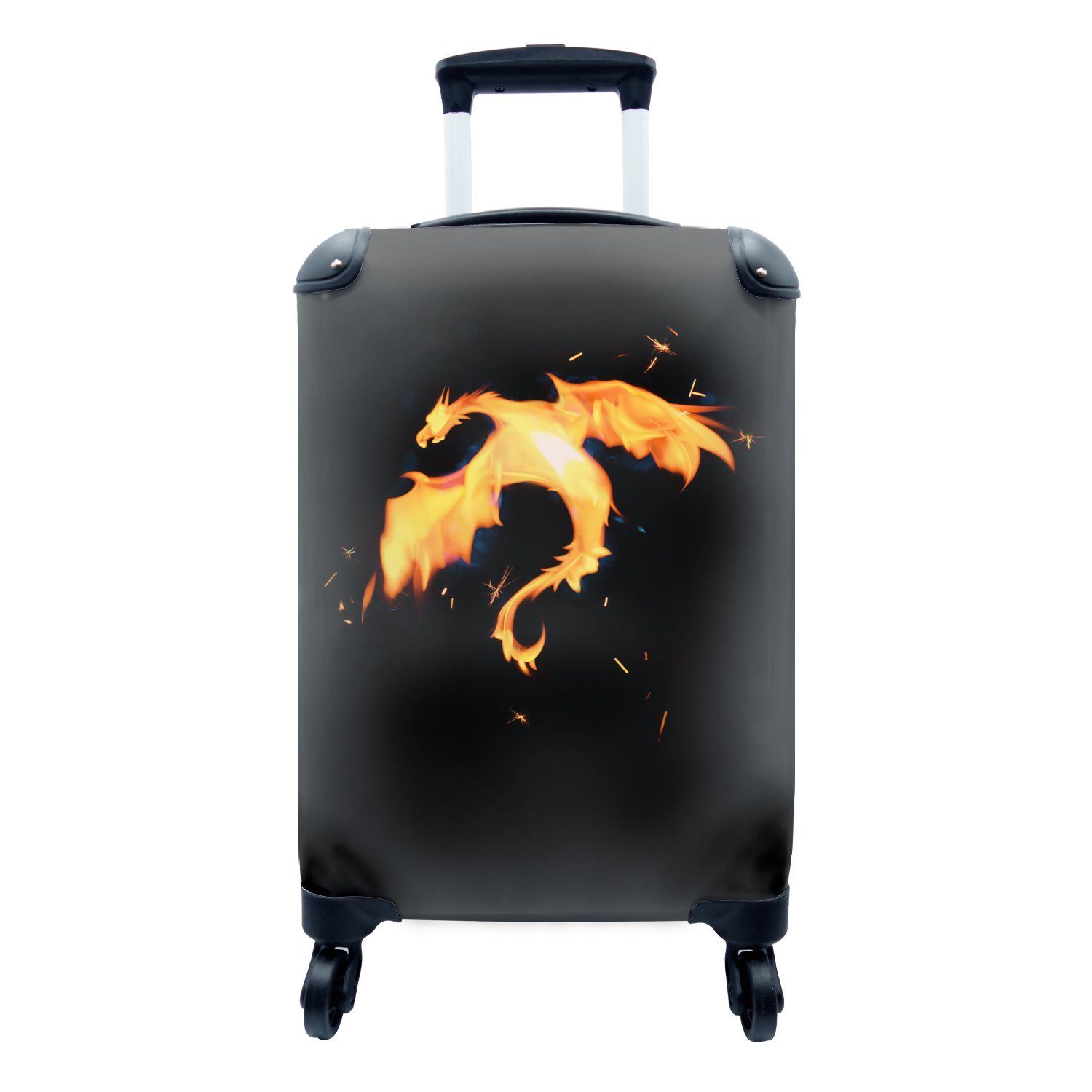 MuchoWow Handgepäckkoffer Feuer speiender Drache auf schwarzem Hintergrund, 4 Rollen, Reisetasche mit rollen, Handgepäck für Ferien, Trolley, Reisekoffer | Handgepäck-Koffer