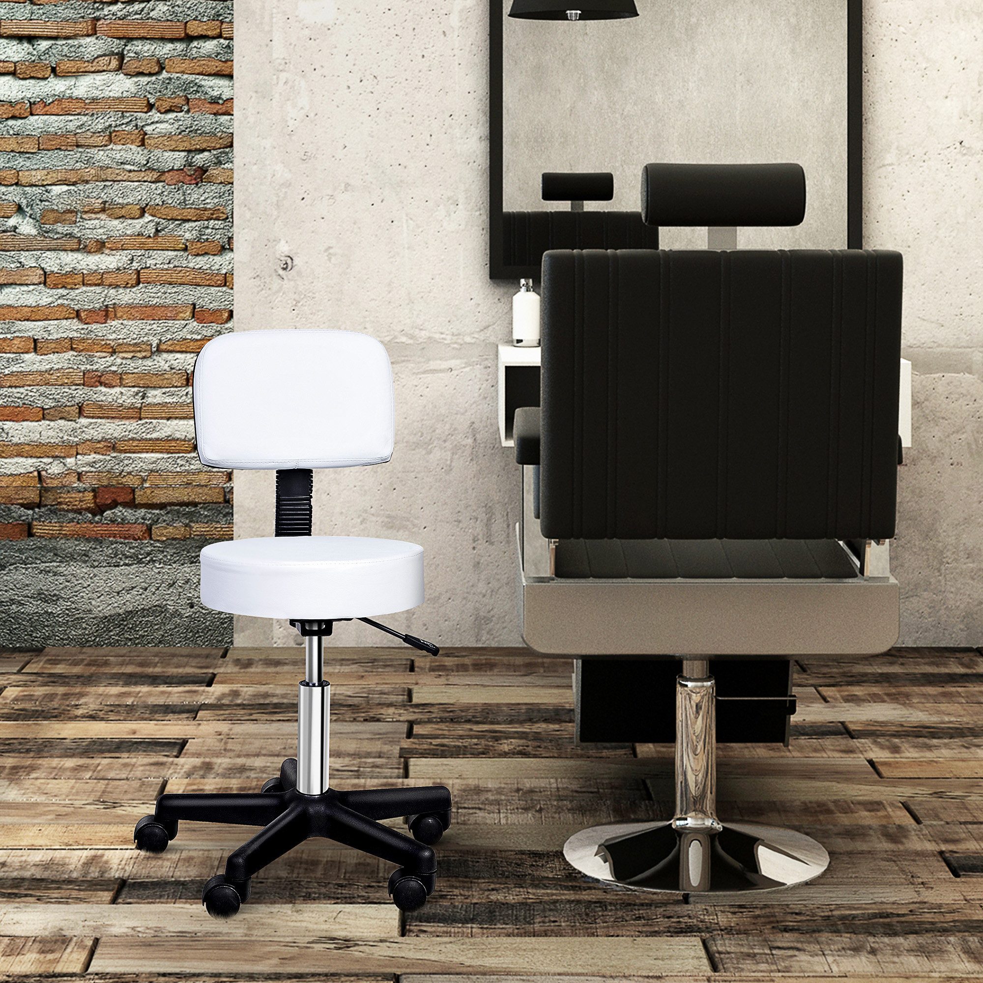 HOMCOM Drehhocker Rollhocker höhenverstellbar mit Rückenlehne (Bürohocker, 1 St., Arbeitshocker), für Büro Salon Massage Spa Weiß