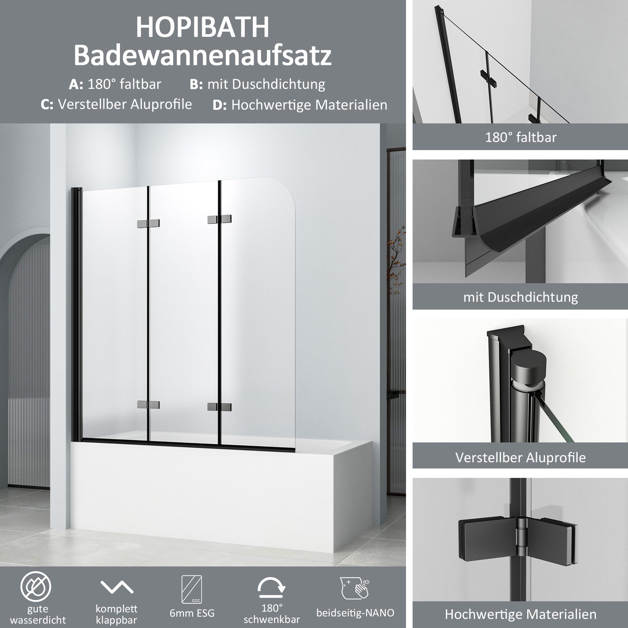 Hopibath Duschwand für Badewanne Schwarz 140x140 günstig online kaufen