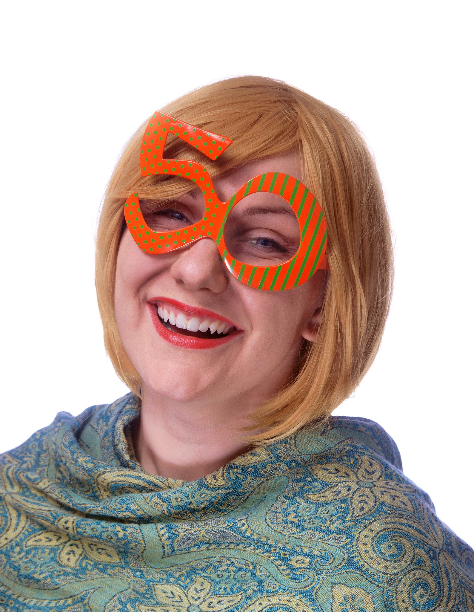partydeco Kostüm, Partybrille für 50. Geburtstag gestreift und gepunktet Orange Grün