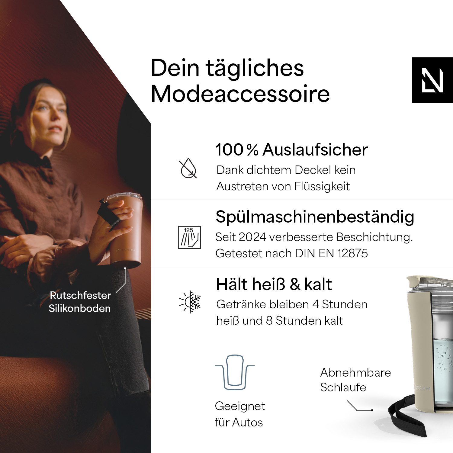 LARS NYSØM Thermobecher Rørelse, 1-tlg., Thermobecher m. Isolierung & Trageschlaufe: 4h heiß/8h kühl