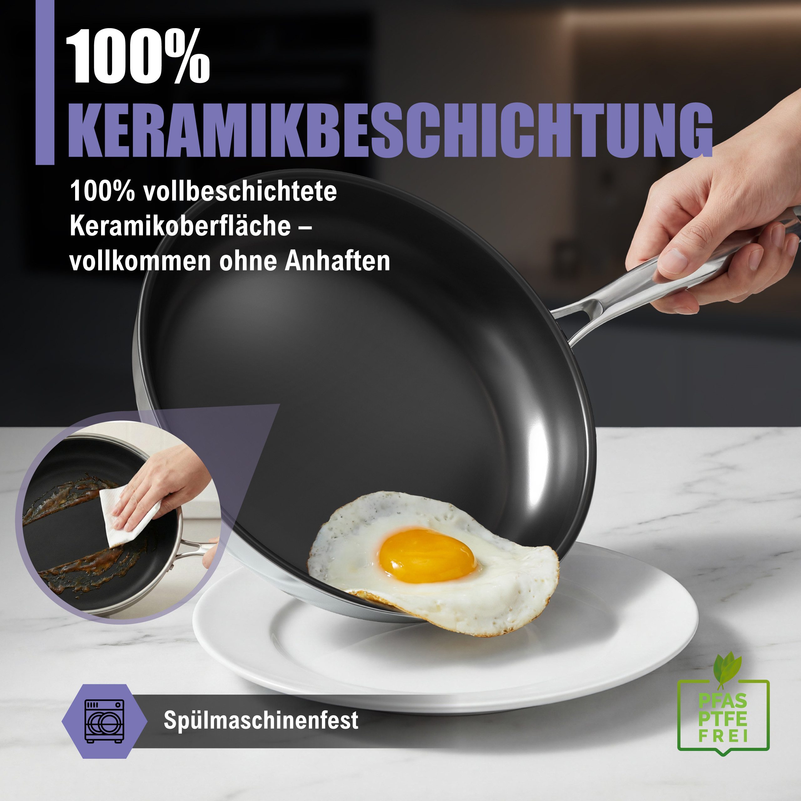 Morleos Bratpfanne Keramikpfanne Ø 24cm, Vollbeschichtet, 5-Schicht - 3mm, Edelstahl (Cerasana), 5-Schicht, 3mm, 1kg, backofenfest, spülmaschinengeeignet, Antih – Bild 4 von 5