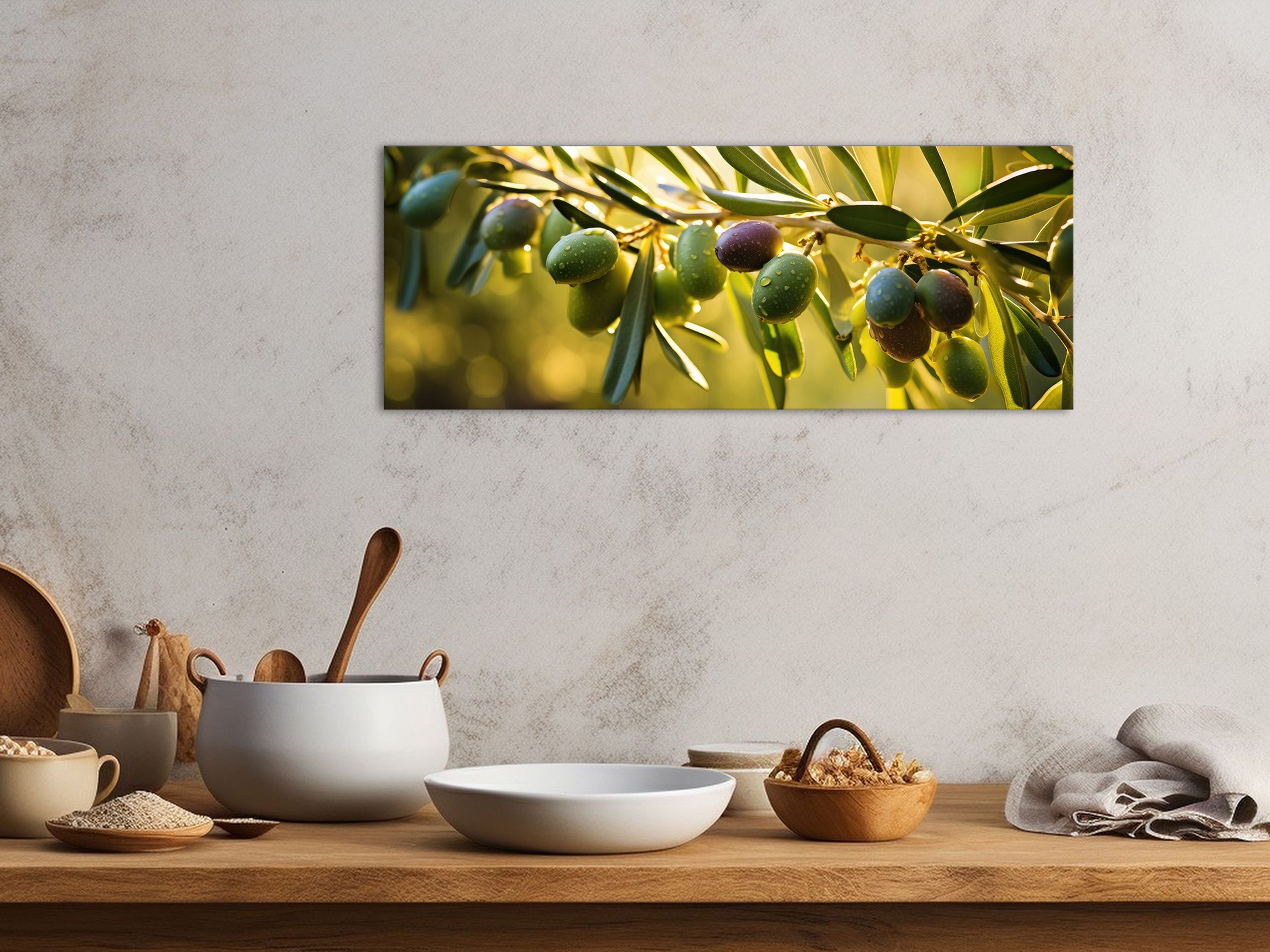 Bild Olivenzweig / Trinken: grün 80x30cm Küche Küchenbild aus artissimo und Glasbild Essen Glasbild Glas Oliven mediteran, mediteranes