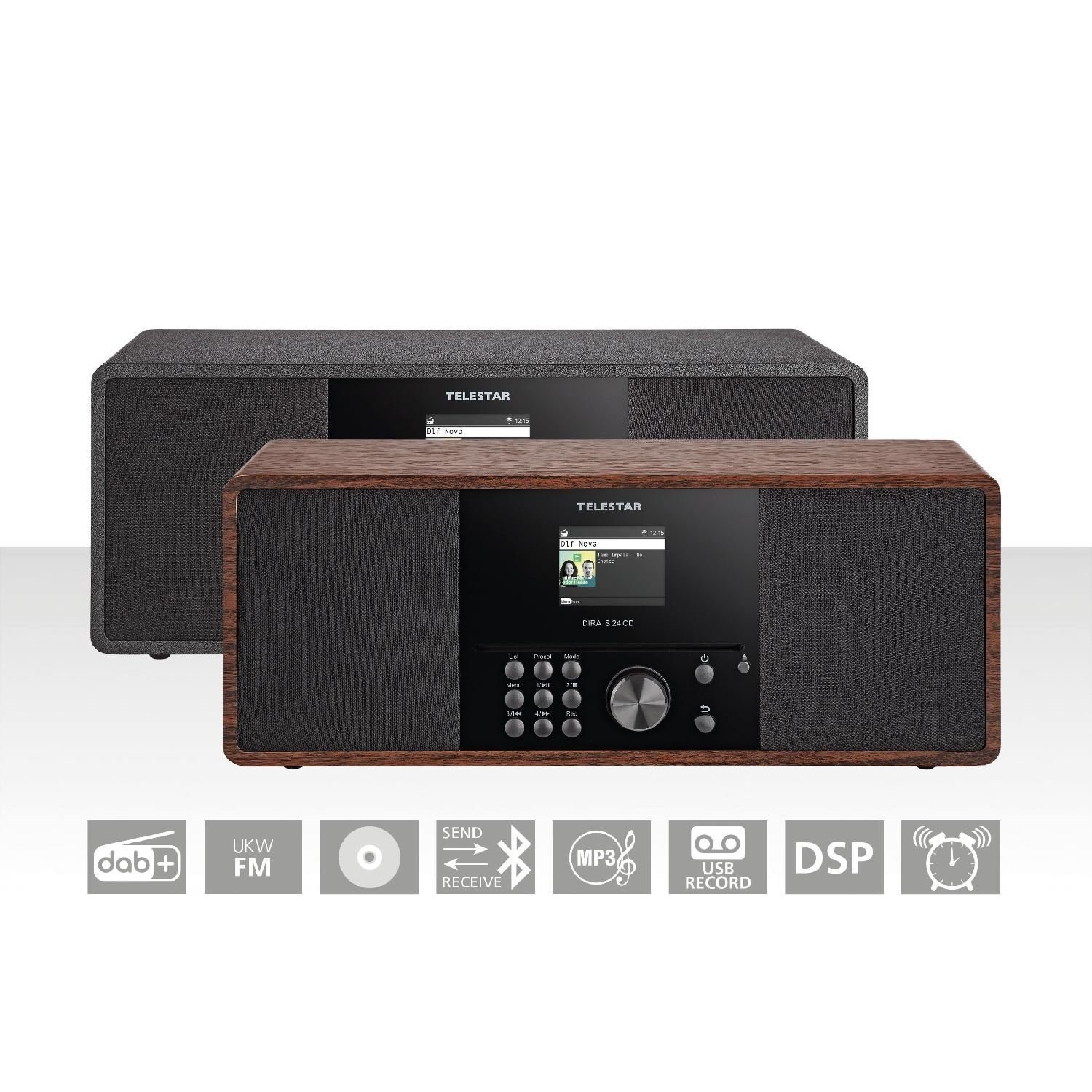Stereoradio 24 Modi, Digitalradio CD Sleeptimer Record-Taste CD-Player und (DAB) DIRA möglich) mit für USB USB, S oder externe (DAB+/FM, Bluetooth) unterschiedlichen über (DAB+/UKW) schwarz Geräte, TELESTAR mit (Wecker Ladefunktion Timer Aufzeichnung