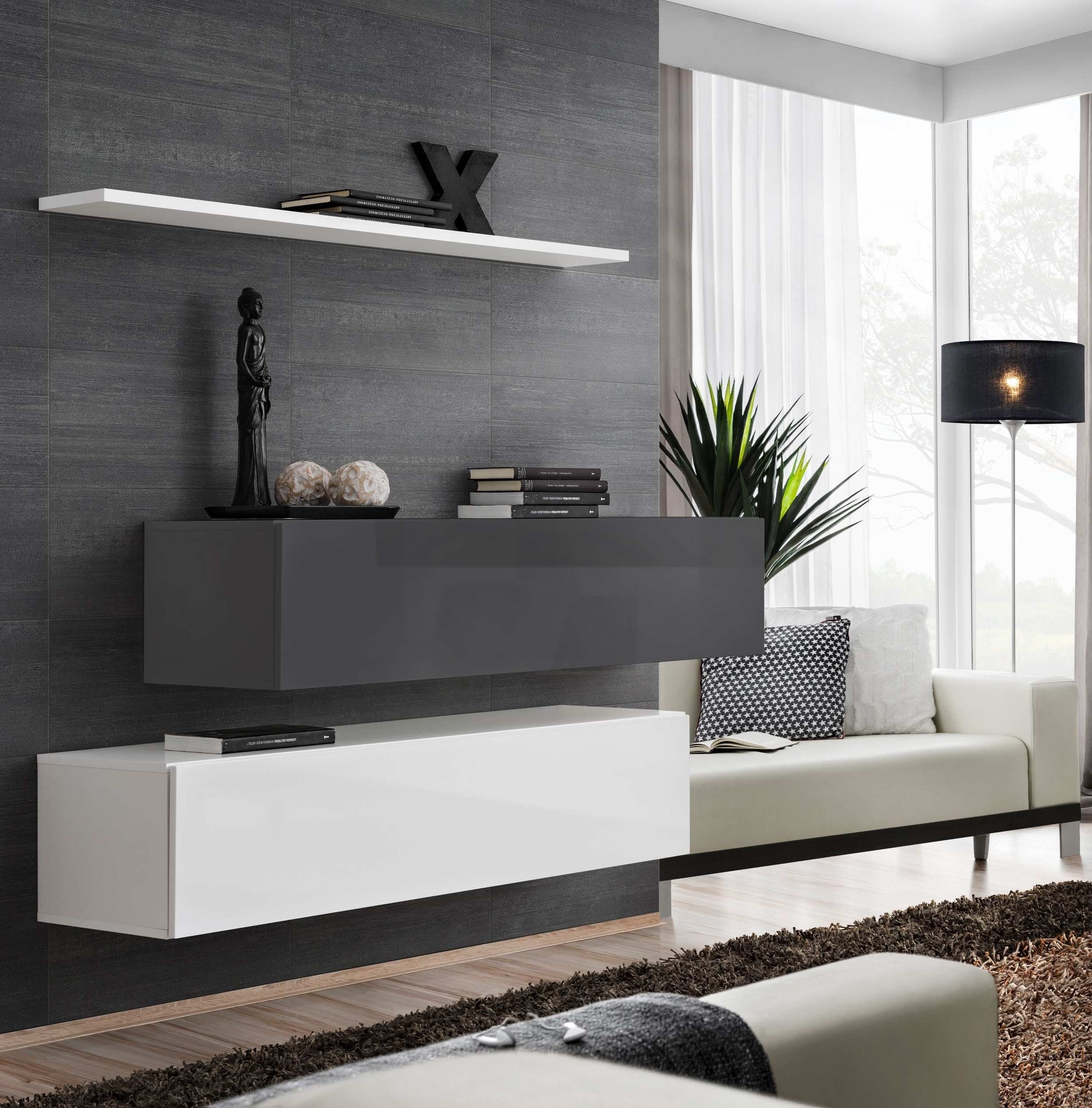 Stylefy Wohnwand Swotch SB II 110x130x30 cm, (Wohnmöbel, Wohnzimmer-Set, Set (3-St), bestehend aus 2xLowboard, 1xWandboard, Hochglanzfronten, mit Push-to-Open, Modern Graphit - Weiß