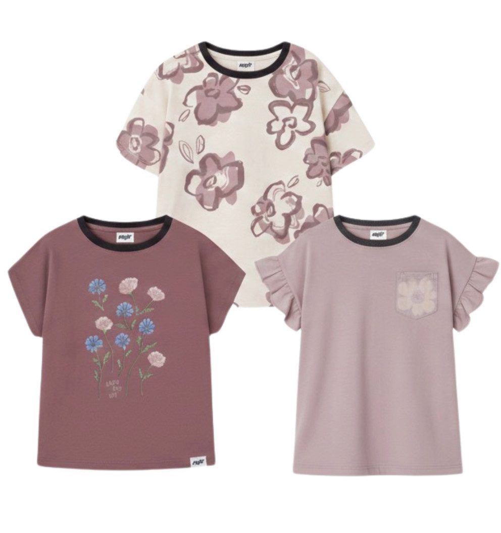 Miloy T-Shirt 3er Set T-Shirts Mädchen Flowers – Baumwolle, Gr. 98-116 (T-Shirt-Set, 3-tlg) Rüschenärmel und aufgesetzte Brusttasche