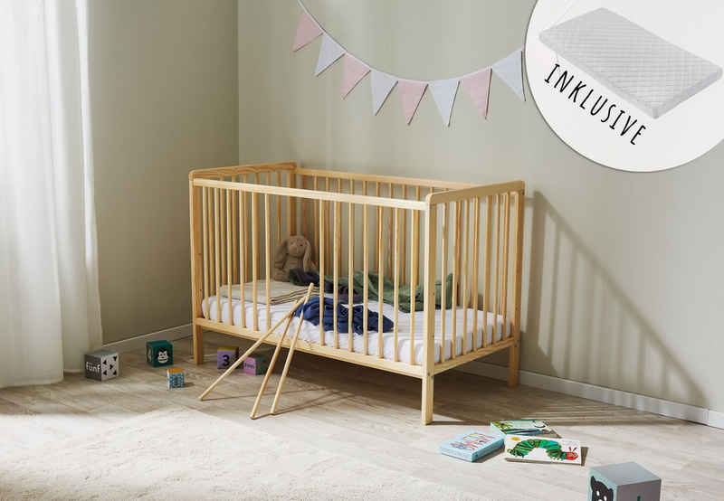 Kids Collective Babybett Gitterbett Kinderbett 60x120 höhenverstellbar, herausnehmbare Sprossen, aus hochwertigem Kiefernholz, natur, mit Matratze