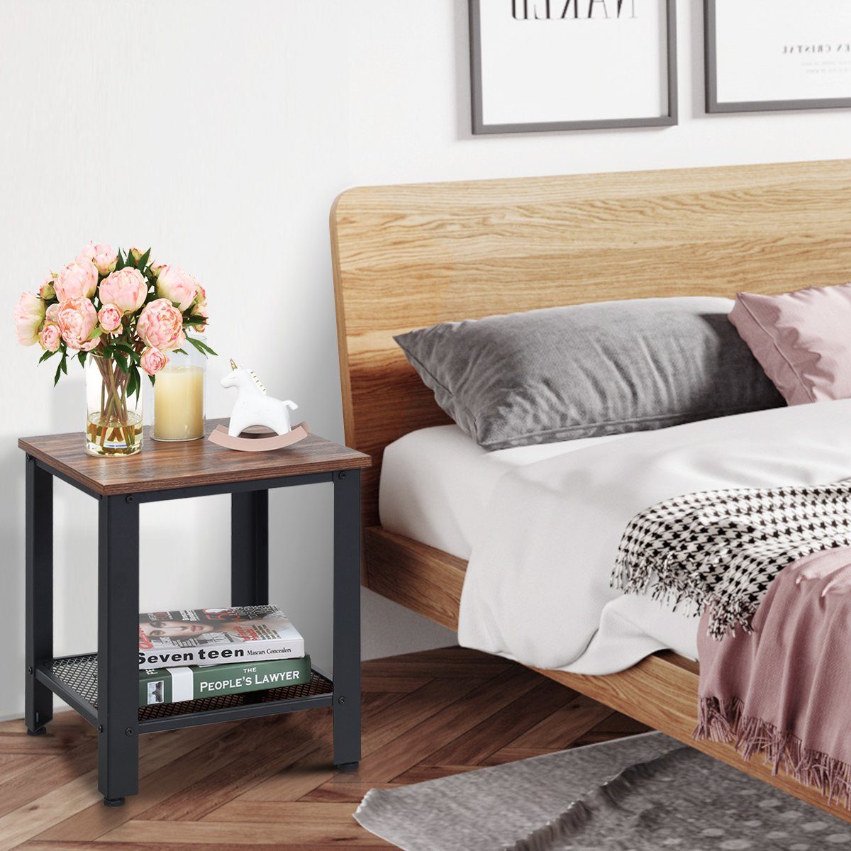 COSTWAY Nachttisch Beistelltisch, mit Gitterablage, 40 x 40 x 45,5 cm