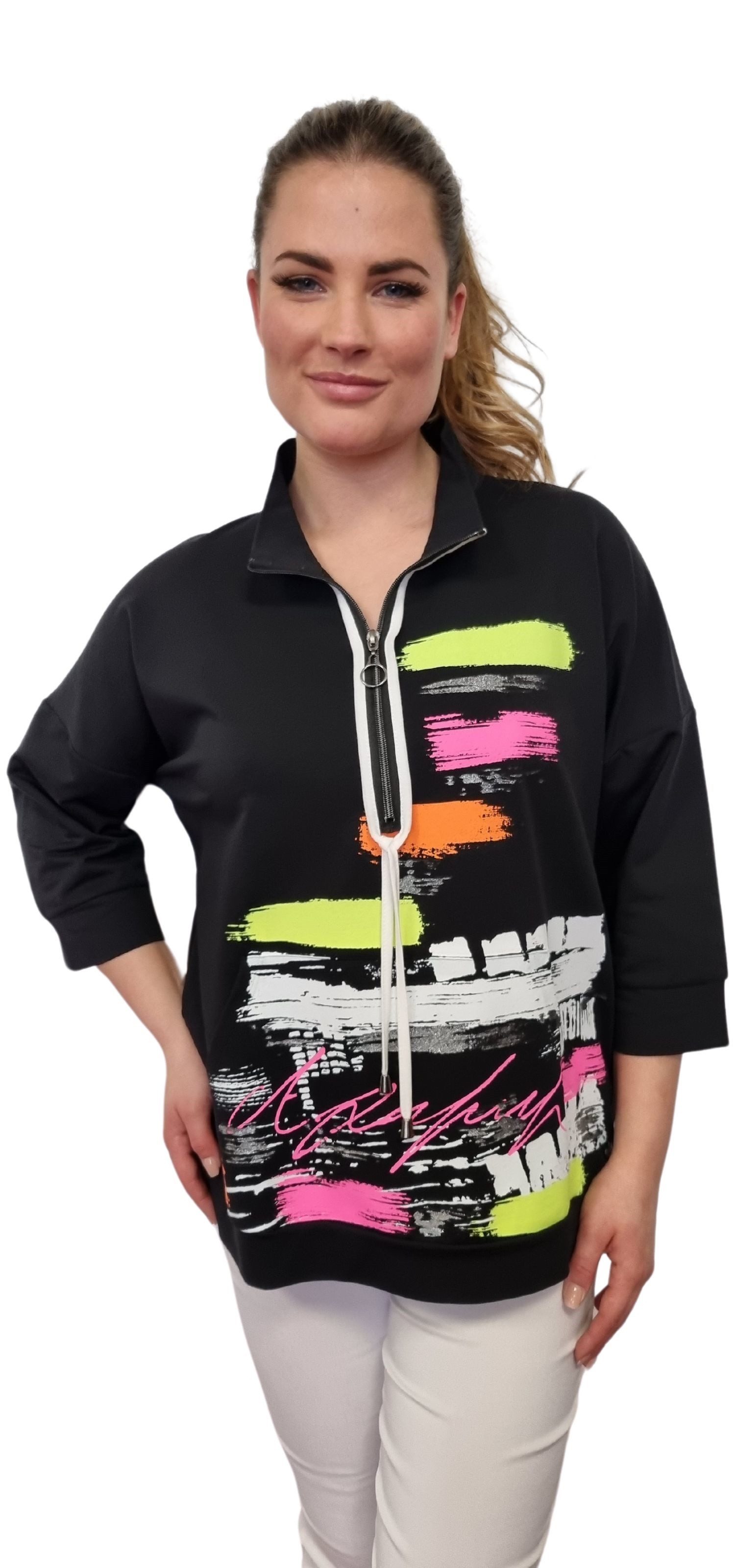 Gio Milano Longsweatshirt G28-1105, mit 3/4-Arm, Motiv-Print und Zip-Kragen günstig online kaufen