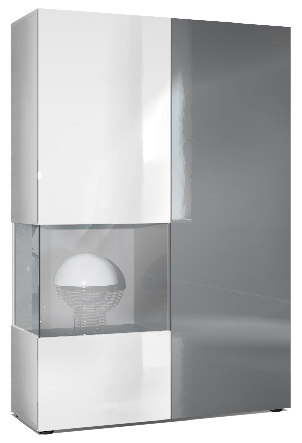 Vladon Standvitrine Morena (Standvitrine, mit 2 Türen dahinter ingesamt 7 Fächer) Weiß matt/Weiß Hochglanz/Grau Hochglanz (92 x 135 x 37 cm)