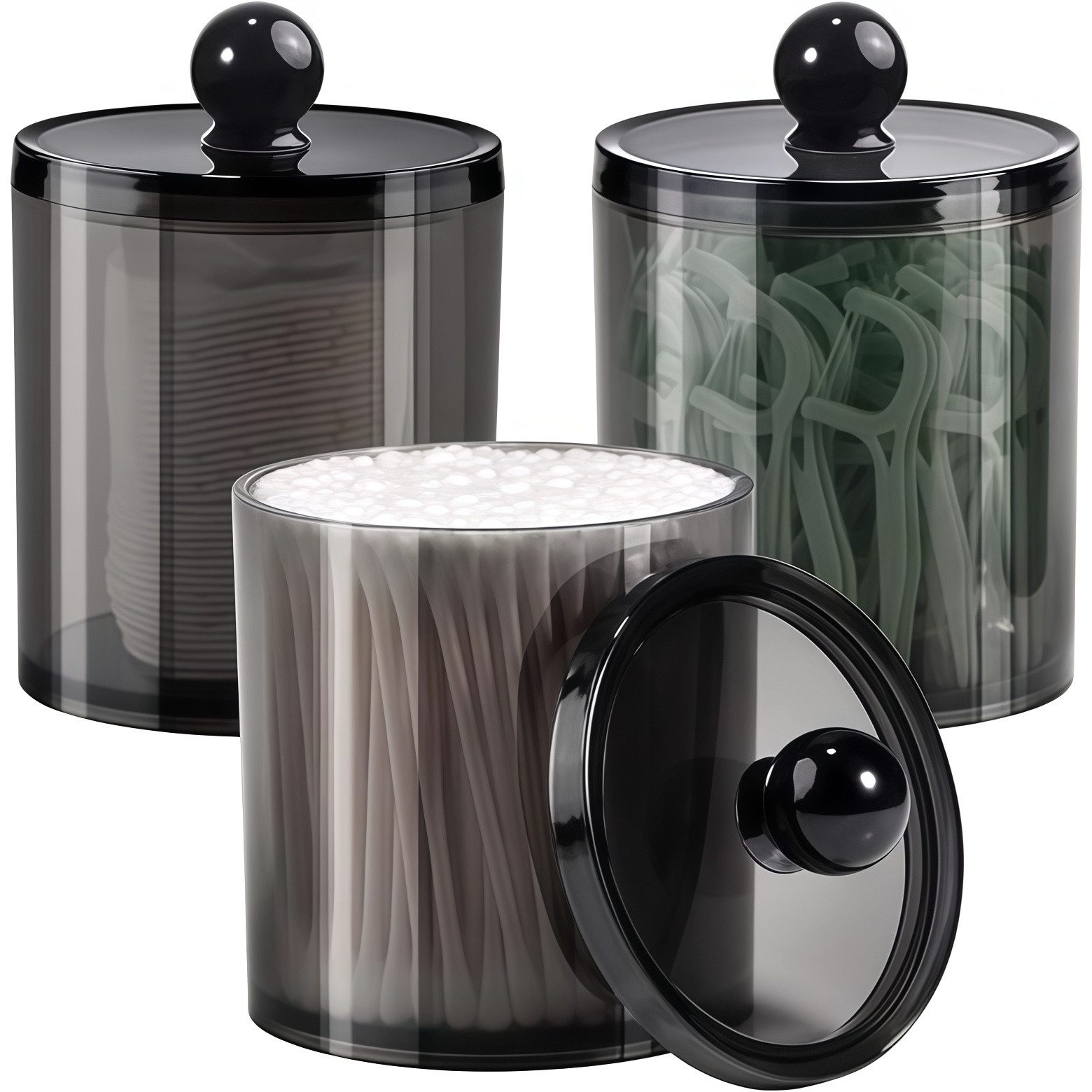 FOUORTUNATE-BEE Wattestäbchenspender Kosmetik-Organizer mit 3 Wattestäbchen-Boxen, transparent schwarz, (3-tlg), Praktische Aufbewahrungsbox für Kosmetik und Badzubehör