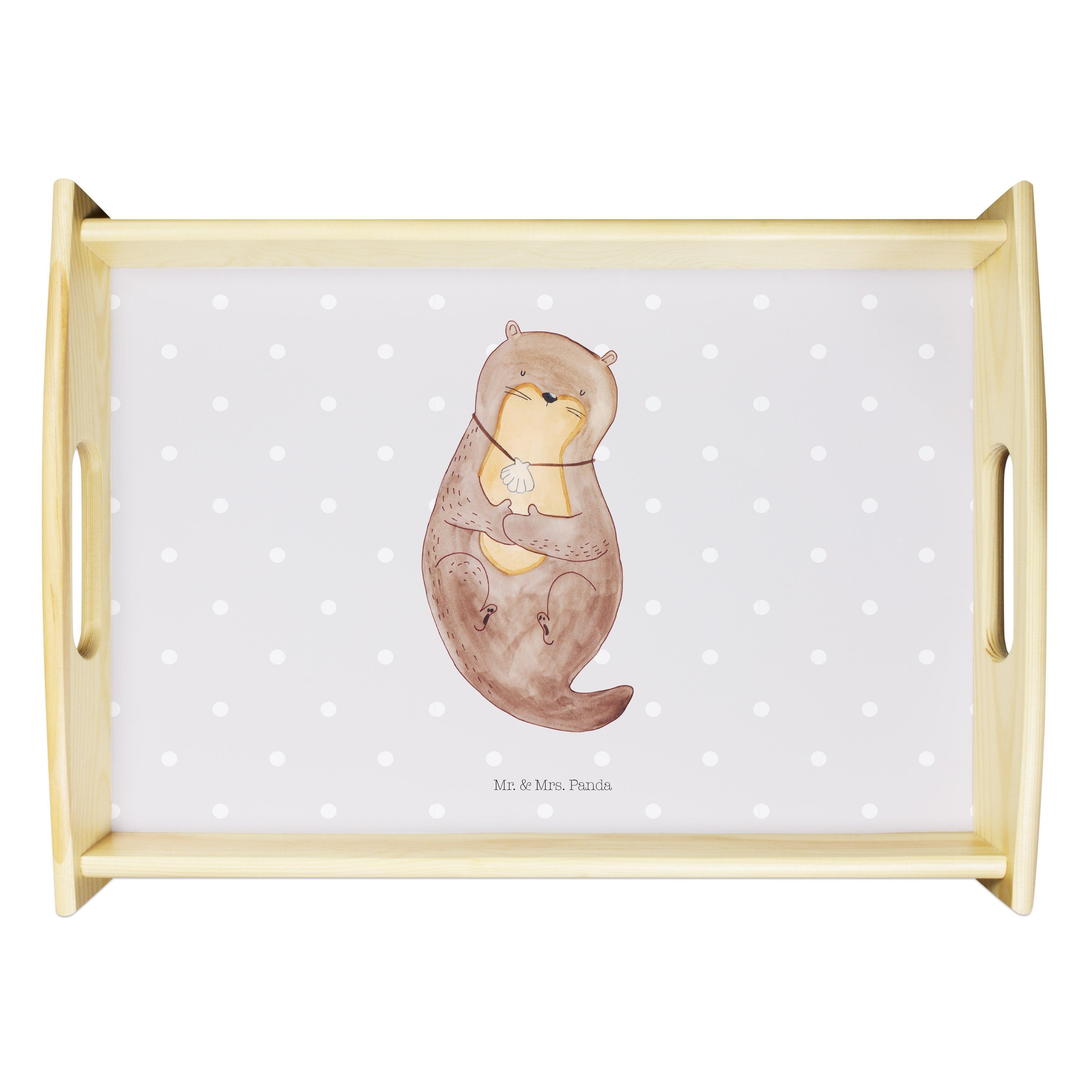Mr. & Mrs. Panda Tablett Otter mit Muschelmedaillon - Grau Pastell - Geschenk, Seeotter, Holzt, Echtholz lasiert, (1-tlg)