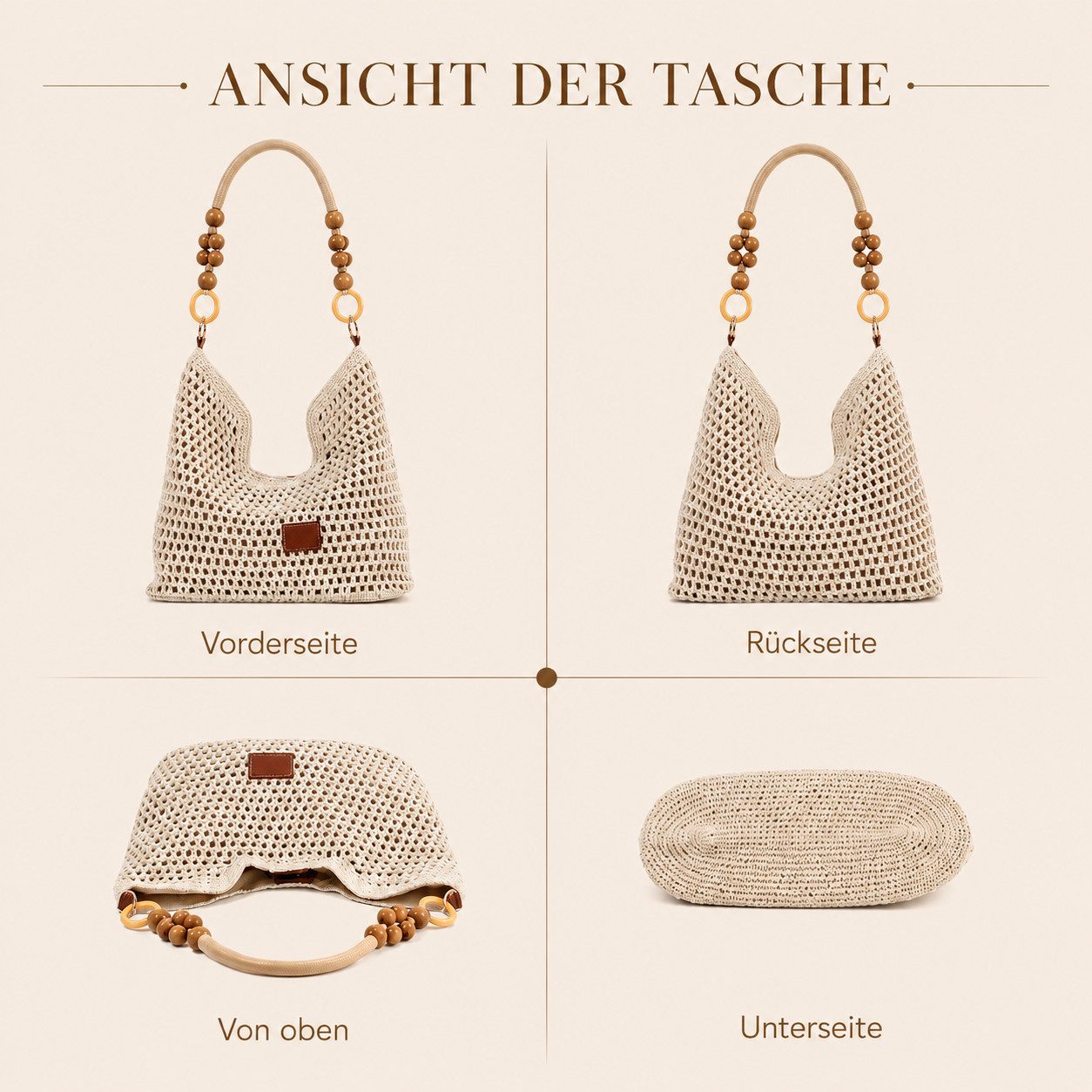 MOPUEA Strandtasche Damen-Umhängetasche, gehäkelt,Boho Straw Beach Bag, Achselhöhle (mit 2 abnehmbaren Trägern, Sommer-Umhängetasche, 1-tlg., Tragegriff oben fü – Bild 4 von 5