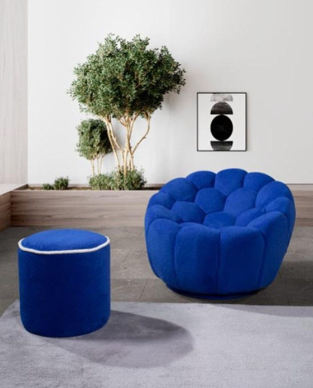 JVmoebel Wohnzimmer-Set Designer-Wohnzimmer Set in Blau aus Textil und Holz mit Hocker, (2-St., Sessel + Hocker), Made in Europa