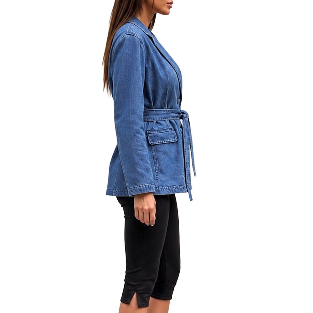 Ital-Design Jeansjacke Damen Blazer mit Gürtel und Reverskragen (91978438) Used-Look Jeansjacke in Blau – Bild 2 von 5