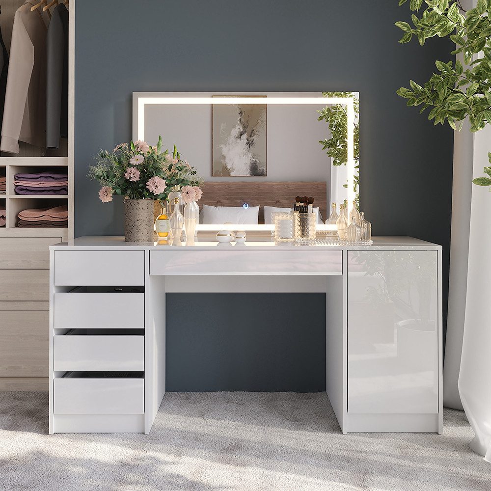 Vicco Schminktisch Sherry, Weiß/Weiß Hochglanz, 158.2 cm mit LED-Spiegel günstig online kaufen
