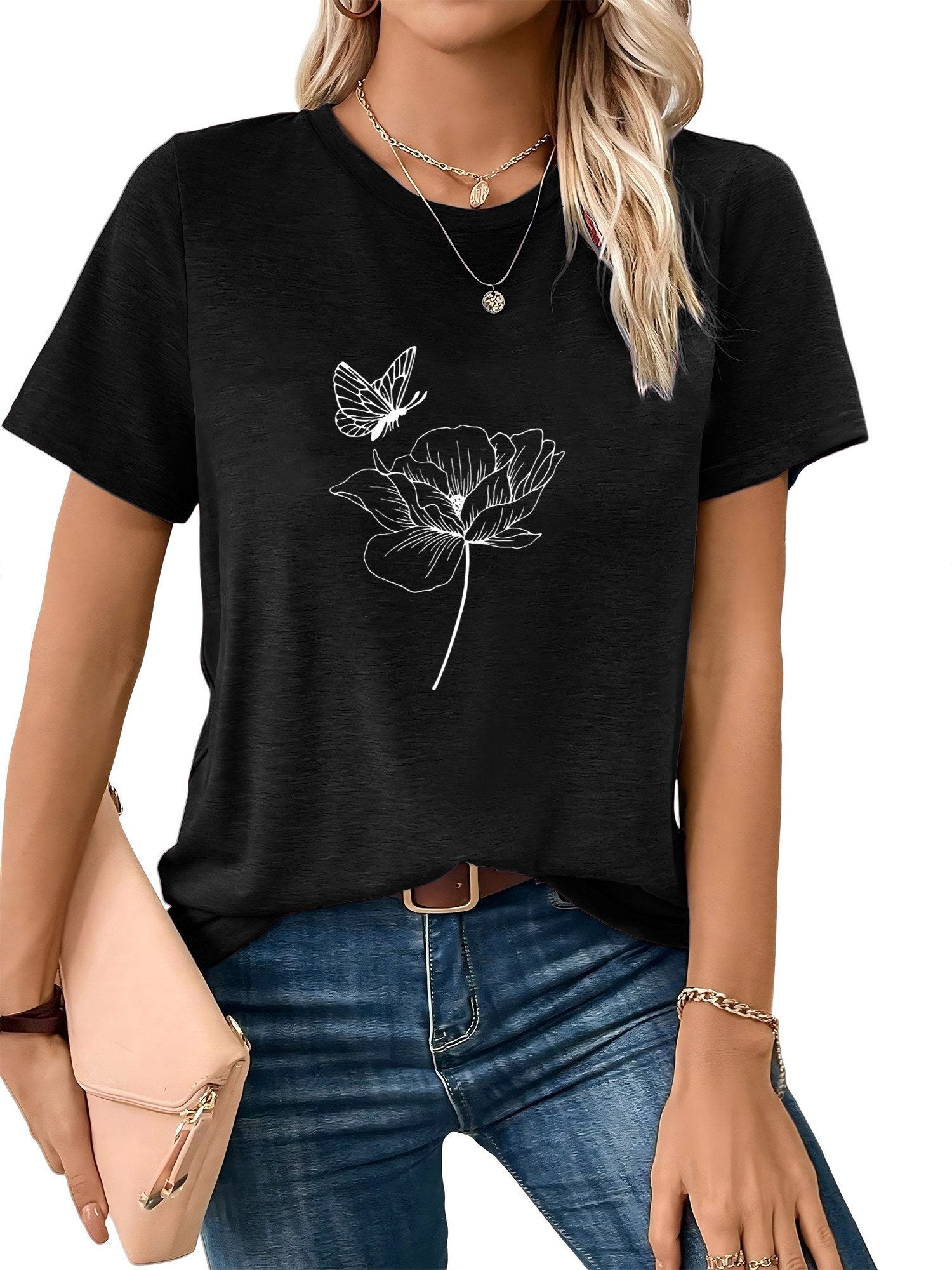 T-Shirt Bequemes Shirt Damen Kurzarm Sommer Basic-Shirt mit Blumen Print
