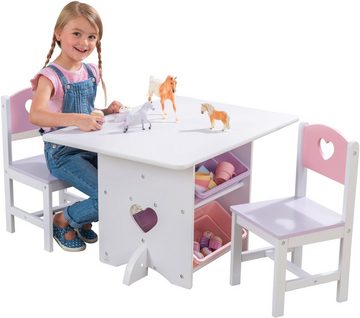 KidKraft® Kindersitzgruppe Tisch mit Aufbewahrungsboxen und 2 Stühlen Herzchen, (3-tlg)