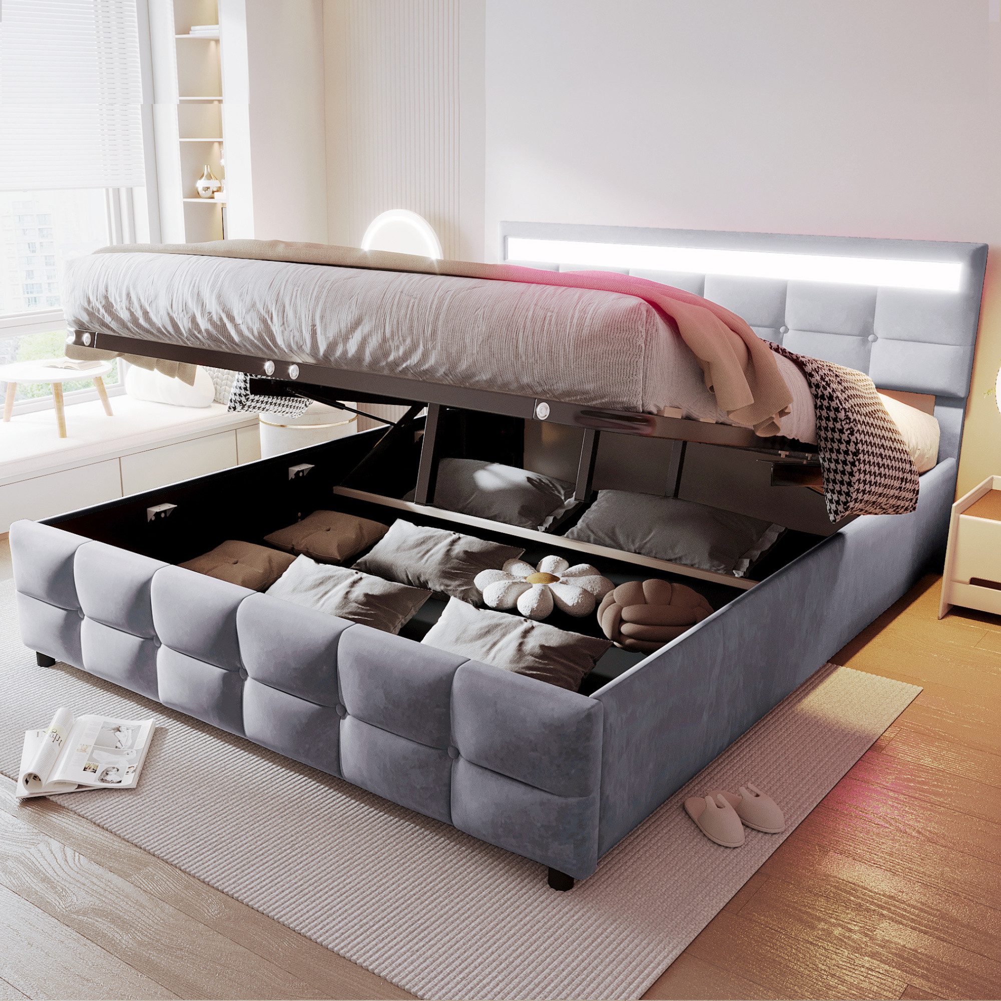 Flieks Polsterbett, Hydraulisches Stauraumbett Doppelbett 180x200cm mit LED günstig online kaufen