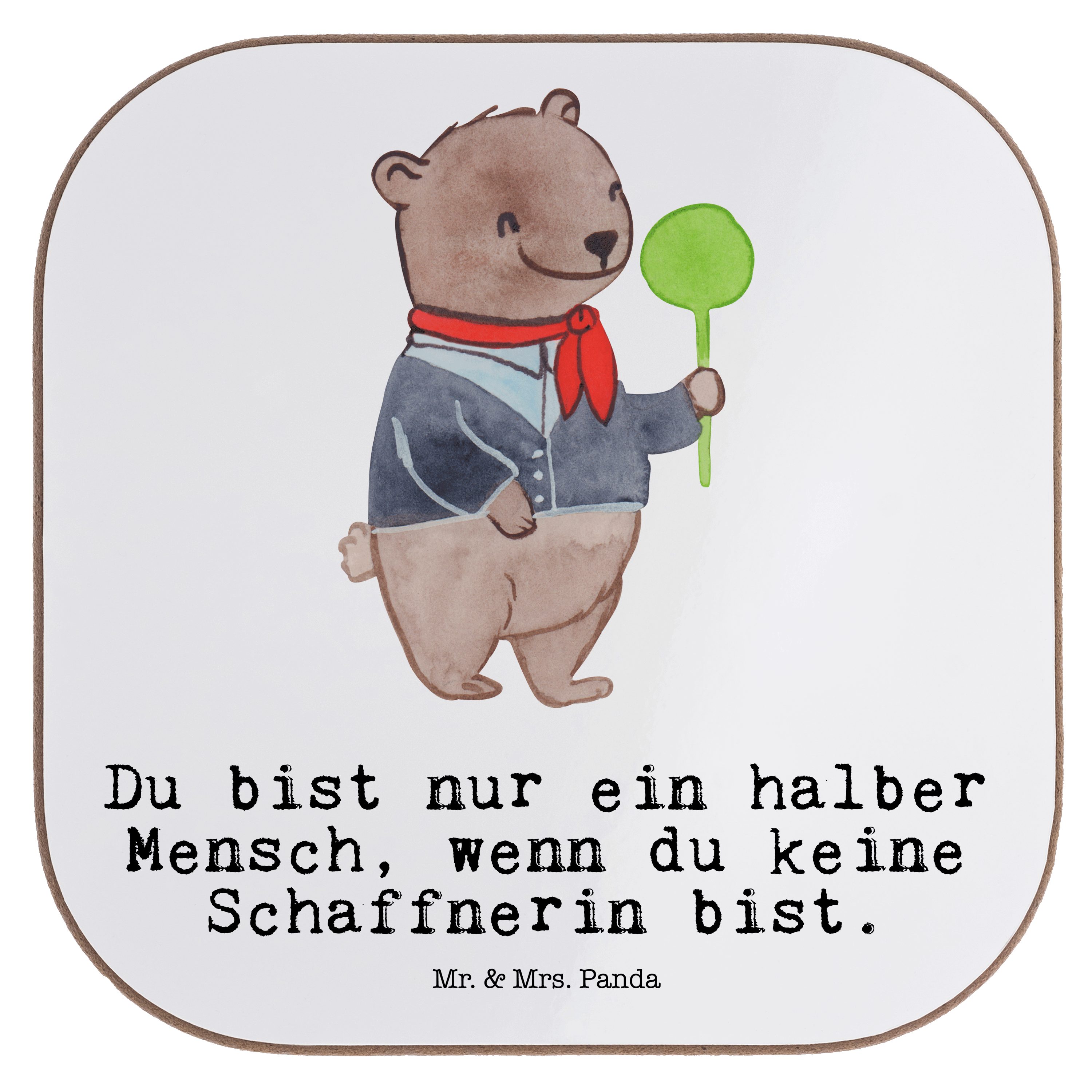 Bierdeckel, Panda & Mr. - 1-tlg. Unterse, Geschenk, Herz - Getränkeuntersetzer Jubiläum, Weiß Schaffnerin mit Mrs.