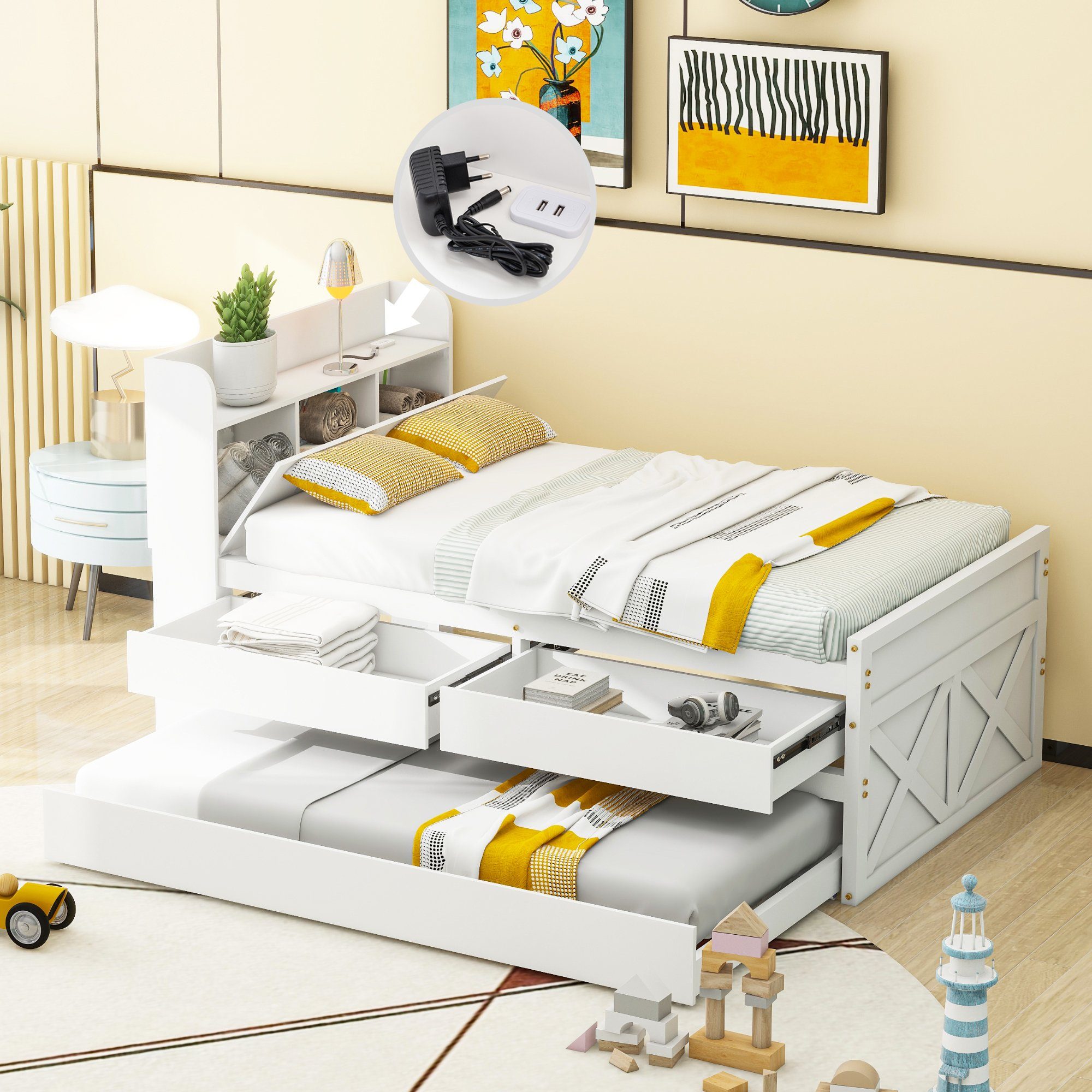 Massivholzbett (Stauraumbett, Kinderbett 90x190cm), mit 2 Schubladen, Stauraumfach, USB Ladefunktion und Ausziehbett