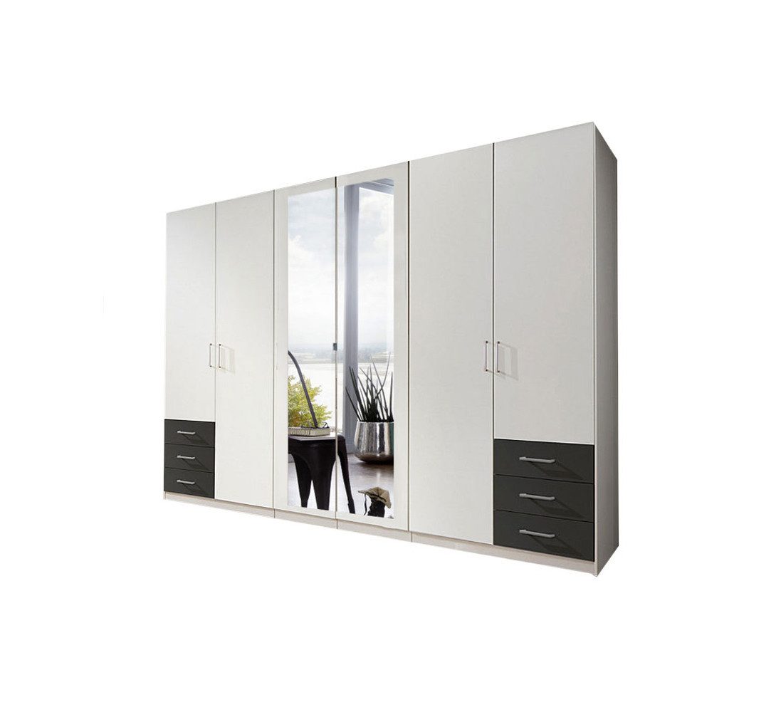 Wimex Kleiderschrank Fuegen (Holztüren, Spiegeltüren, Schubladen, Einlegeböden, Kleiderstangen, 1-St., moderne Optik, alufarbene Bügelgriffe, mit Spiegel) 270cm Spiegel weiß graphit