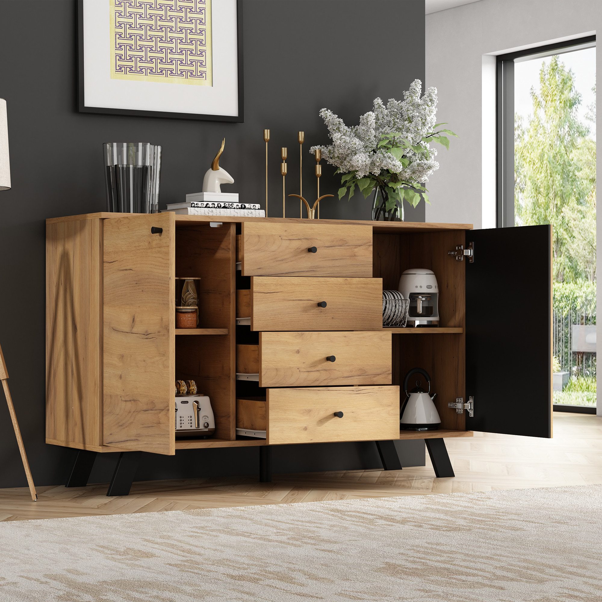 STILVORA Sideboard mit Schubladen,Beistellschrank Aufwahrungsschrank mit Stauraum (Anrichte, Buffetschrank, 1 St., mit 4 Schubladen, 2 Türen), 120cm breite Kommode, Hohldesign