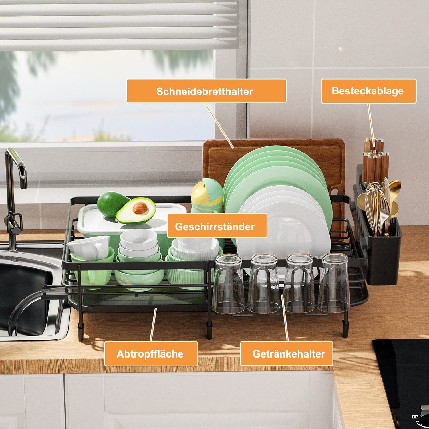 HEYHIPPO Besteckkorb Spülbeckenregal Küchen-Abtropfgestell Geschirrständer arbeitsplatte, (Tassenständer,Küchenarbeitsplatten-Aufbewahrungsständer,Abtropfschale, Küchenbesteck-Aufbewahrungsregal mit Abtropfschale und Abfluss), Ausziehbarer Besteckabtropfständer großes Tablett schwarz 53×30×12cm