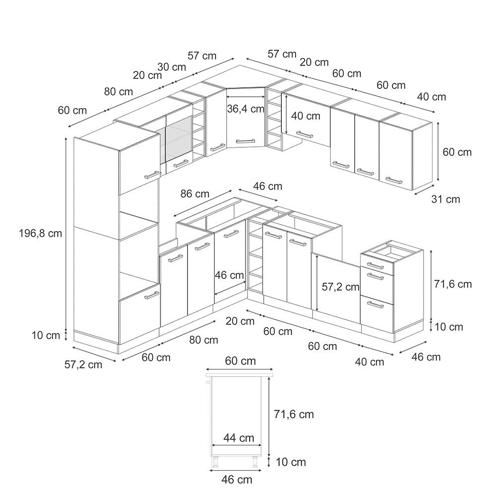 Vicco Winkelküche R-Line, Artisan Eiche/Weiß, 237 x 247 cm, AP Marmor