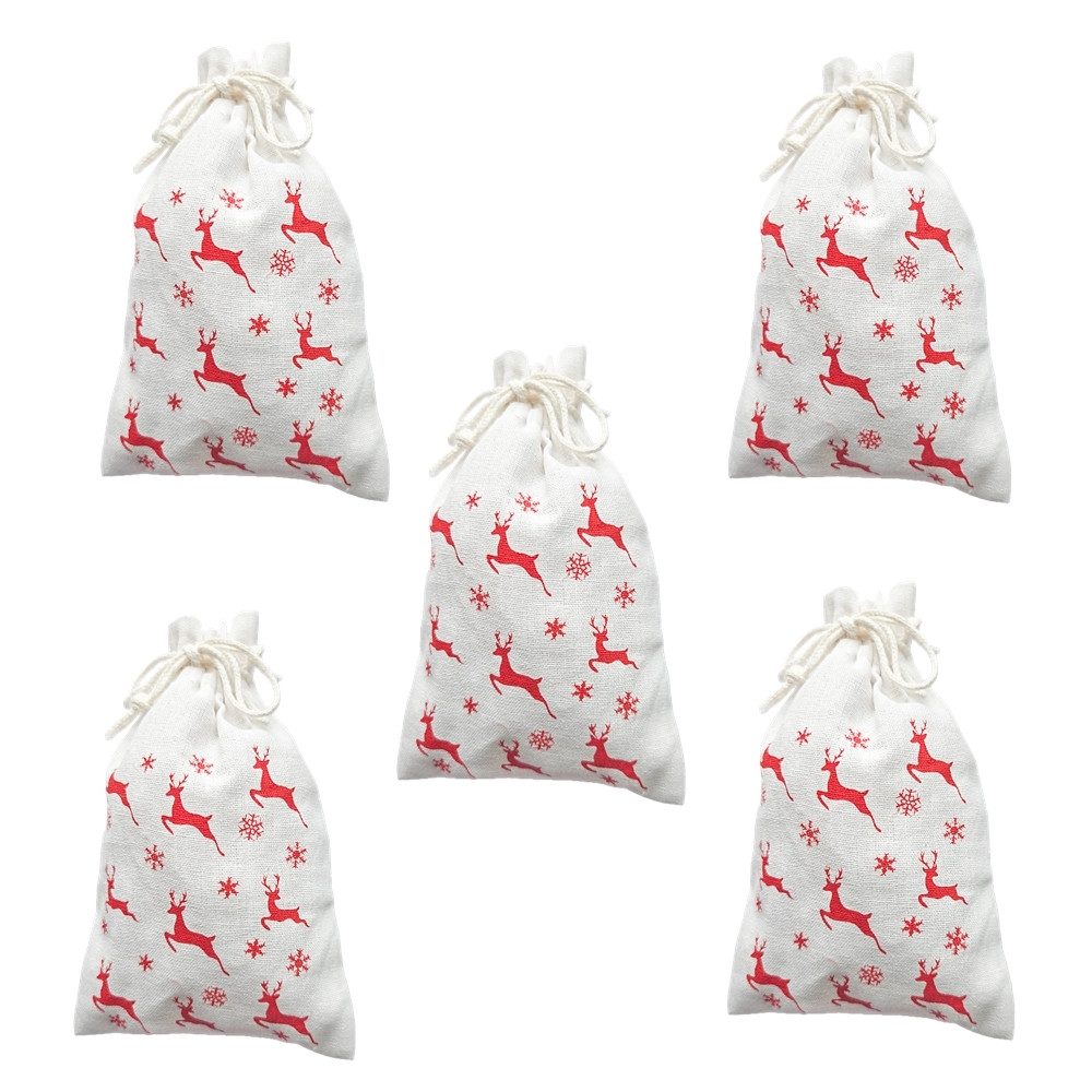 Alltagszauber befüllbarer Adventskalender 5er-Set Baumwollsäckchen mit Rentier- & Schneeflocken-Motiv