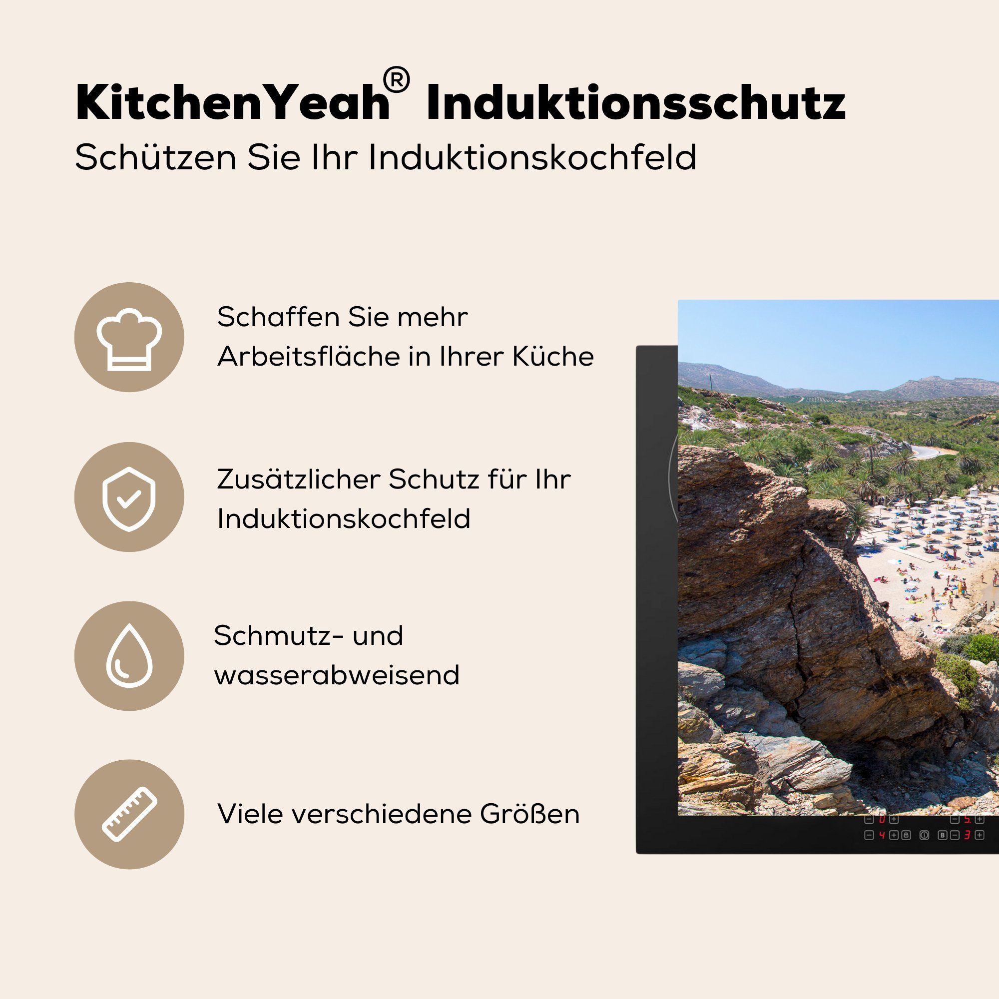 MuchoWow Herdblende-/Abdeckplatte Berge und die Strand 81x52 Vinyl, Kreta, cm, tlg), für Schutz Ceranfeldabdeckung küche, auf Induktionskochfeld (1