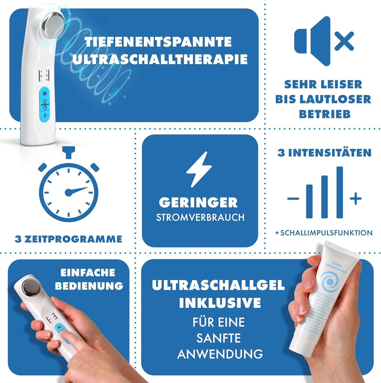 Sanicur Massagegerät Ultraschallgerät, Ultraschall-Schmerztherapiegerät mit 3 Stufen, 1 MHz für Zuhause mit Ultraschallgel und Timer – Bild 5 von 5