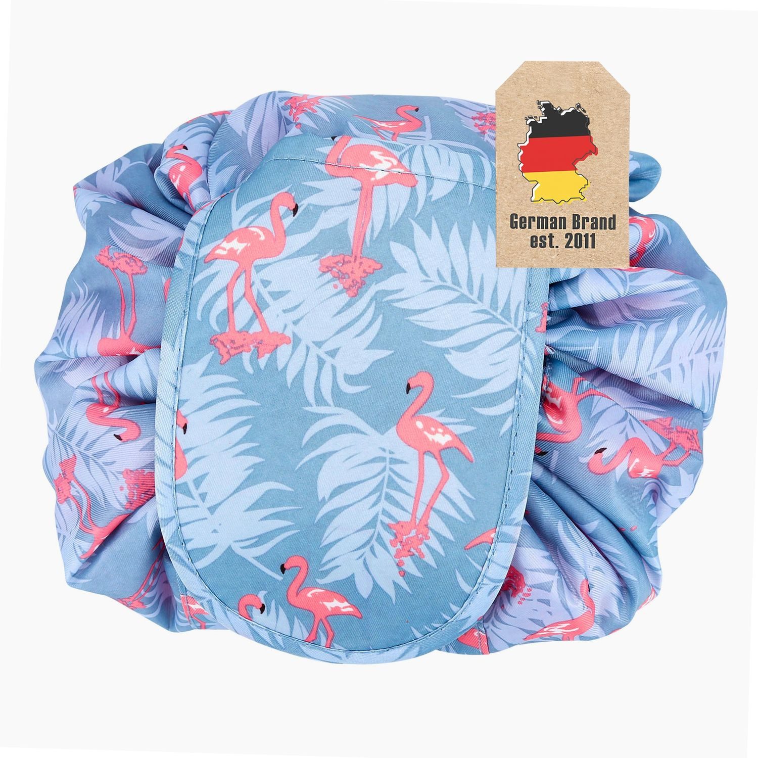 Intirilife Kosmetiktasche (Kulturbeutel mit Kordelzug in GRAU ROSA FLAMINGO, 1-tlg), Runder One Step Kosmetikbeutel Kosmetiktasche
