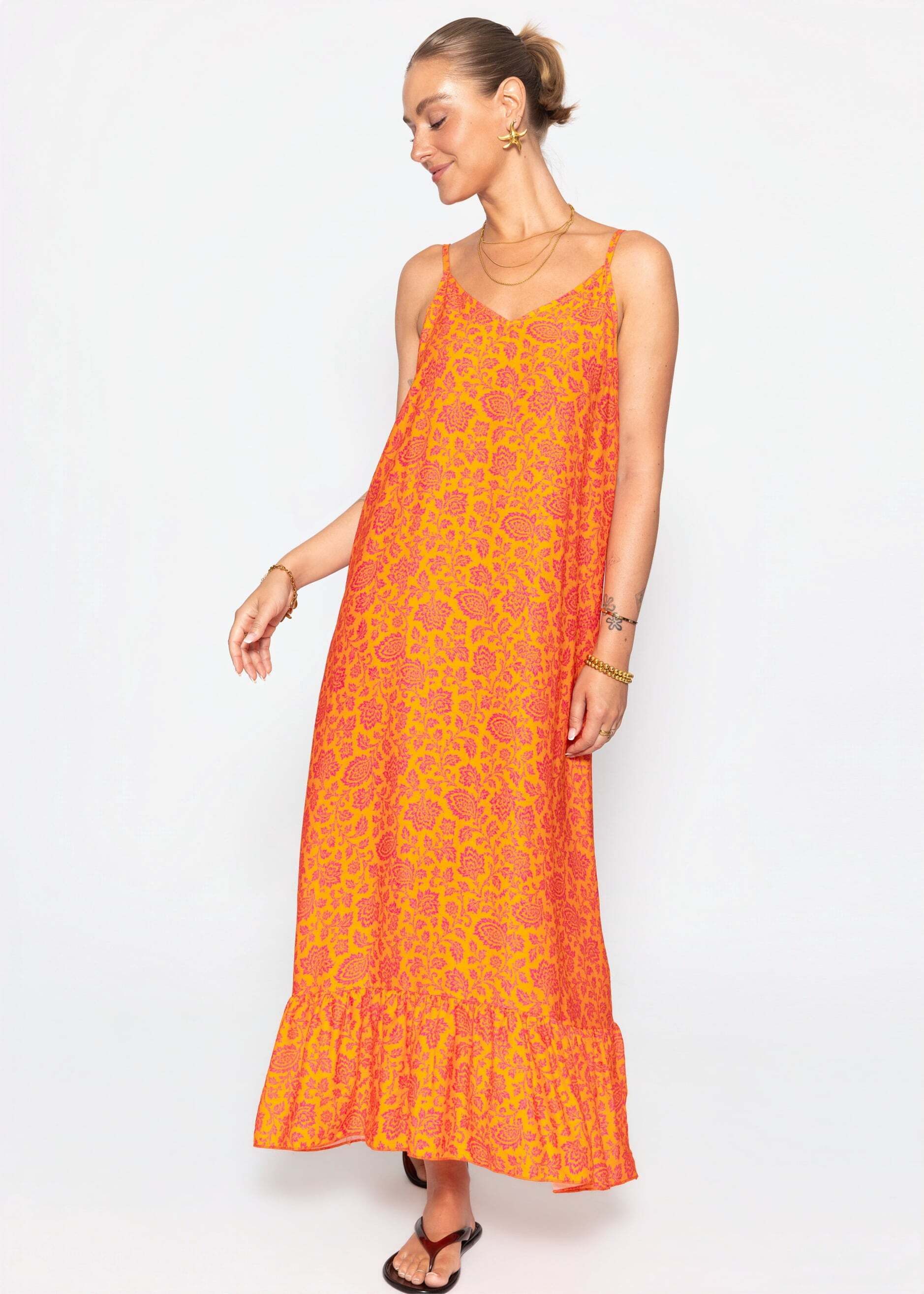 SASSYCLASSY Maxikleid Maxikleid mit Blumenmuster für Damen Luftiges Trägerkleid mit Volantabschluss und V-Ausschnitt – Bild 4 von 5