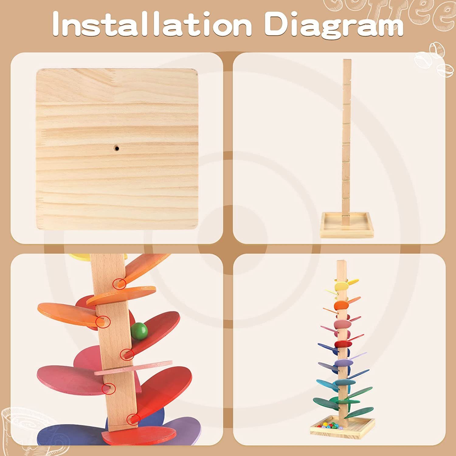 XDeer Lernspielzeug Bunter Klangbaum,Holz-Kugelbahn,72 cm Höhe,Motorikspiel, incl 10 holzfarbe+25 bunte Murmel,besser Geschenke für Kinder