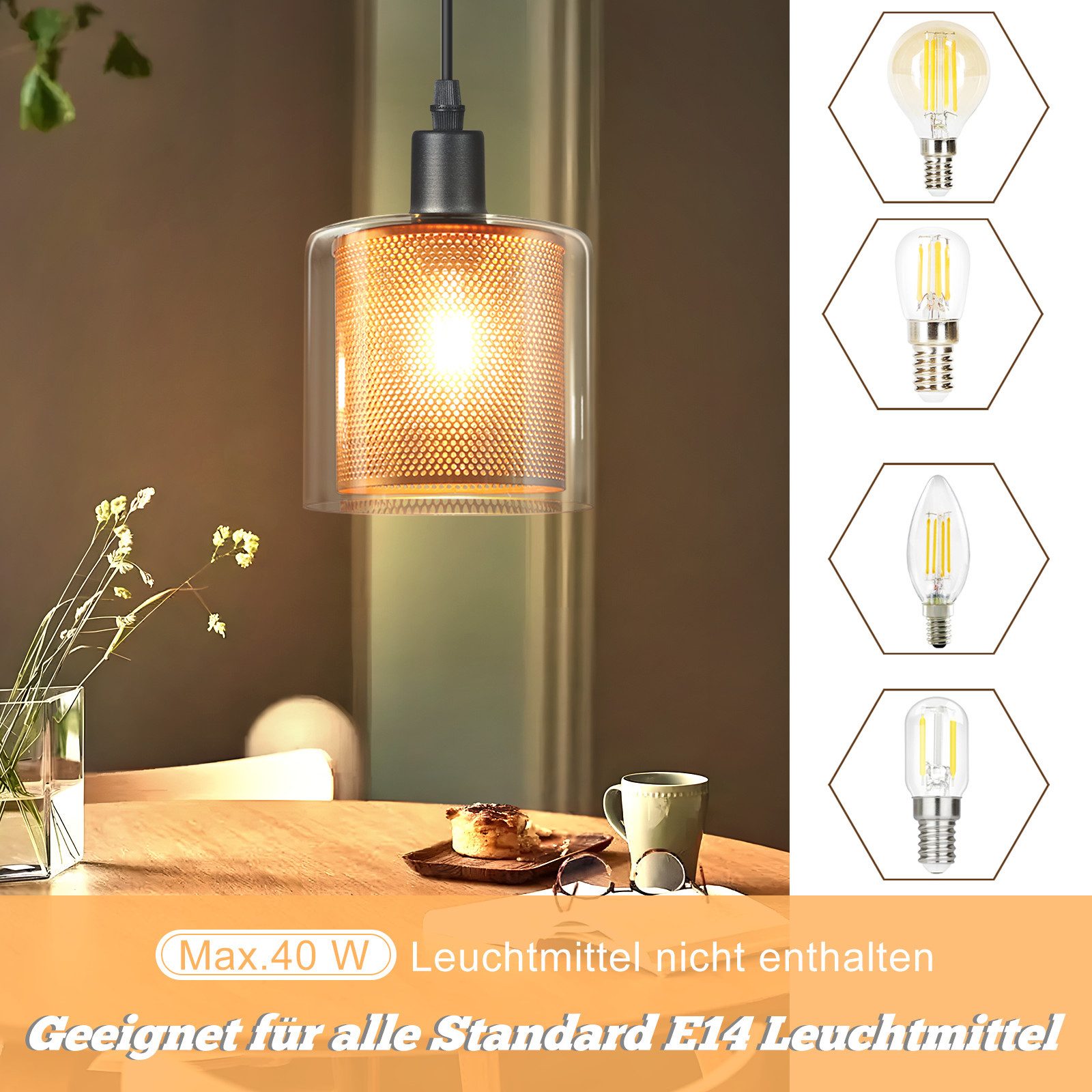 Nettlife Pendelleuchte Vintage Glas Gold E14 1 Flammig Esszimmer Hängelampe günstig online kaufen