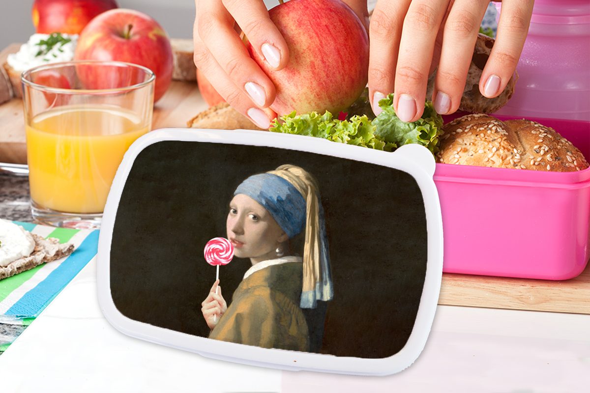 mit rosa Brotbox Snackbox, MuchoWow Lunchbox Mädchen (2-tlg), Perlenohrring - Vermeer für Erwachsene, Mädchen, Johannes Brotdose - Kunststoff, Lollipop, Kunststoff Kinder,