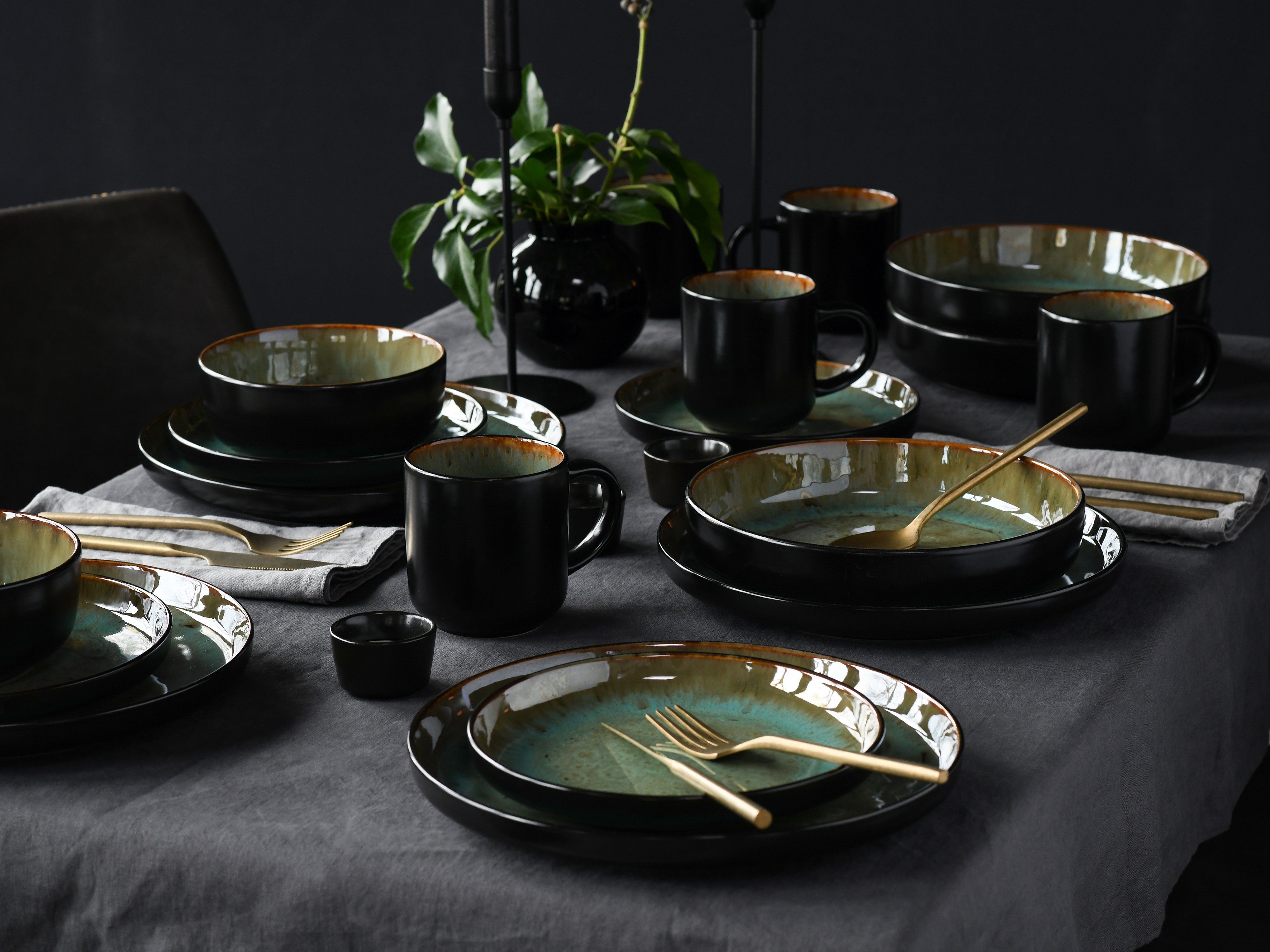 CreaTable Kombiservice Nordic Fjord (30-tlg), 6 Personen, Steinzeug, je 6 Speiseteller, Suppenteller, Dessertteller, Schalen, Kaffeebecher