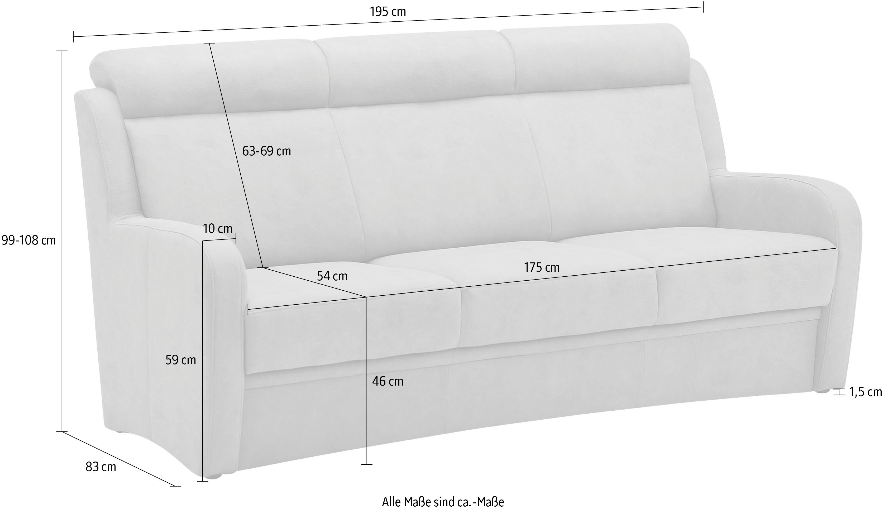 Sitzhöhe 46 Sitzvorzug, Varese, Kopfteilverstellung, in VILLA 3-Sitzer BECK 1 mit wahlweise Teile, cm