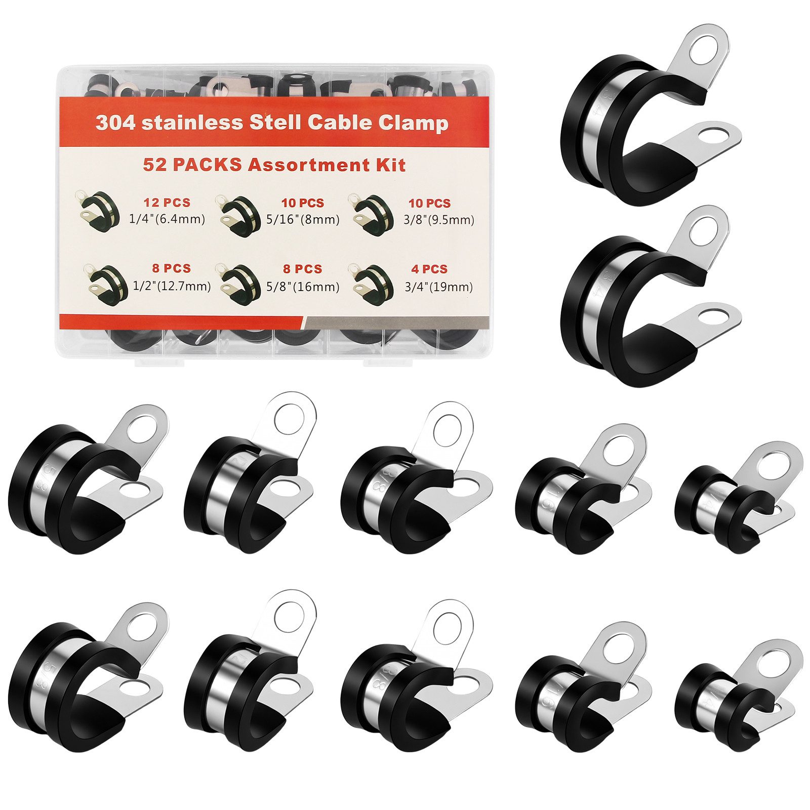 BlingBin Rohrschelle 52 Stück Gummi-P-Clip Schlauchschellen aus Edelstahl mit Gummipolster, (52er Set, 52-St., 6mm 8mm 10mm 13mm 16mm 19mm), gelenkige Schlauch- und Kabelschellen in den Größen 6/8/10/13/16/19mm