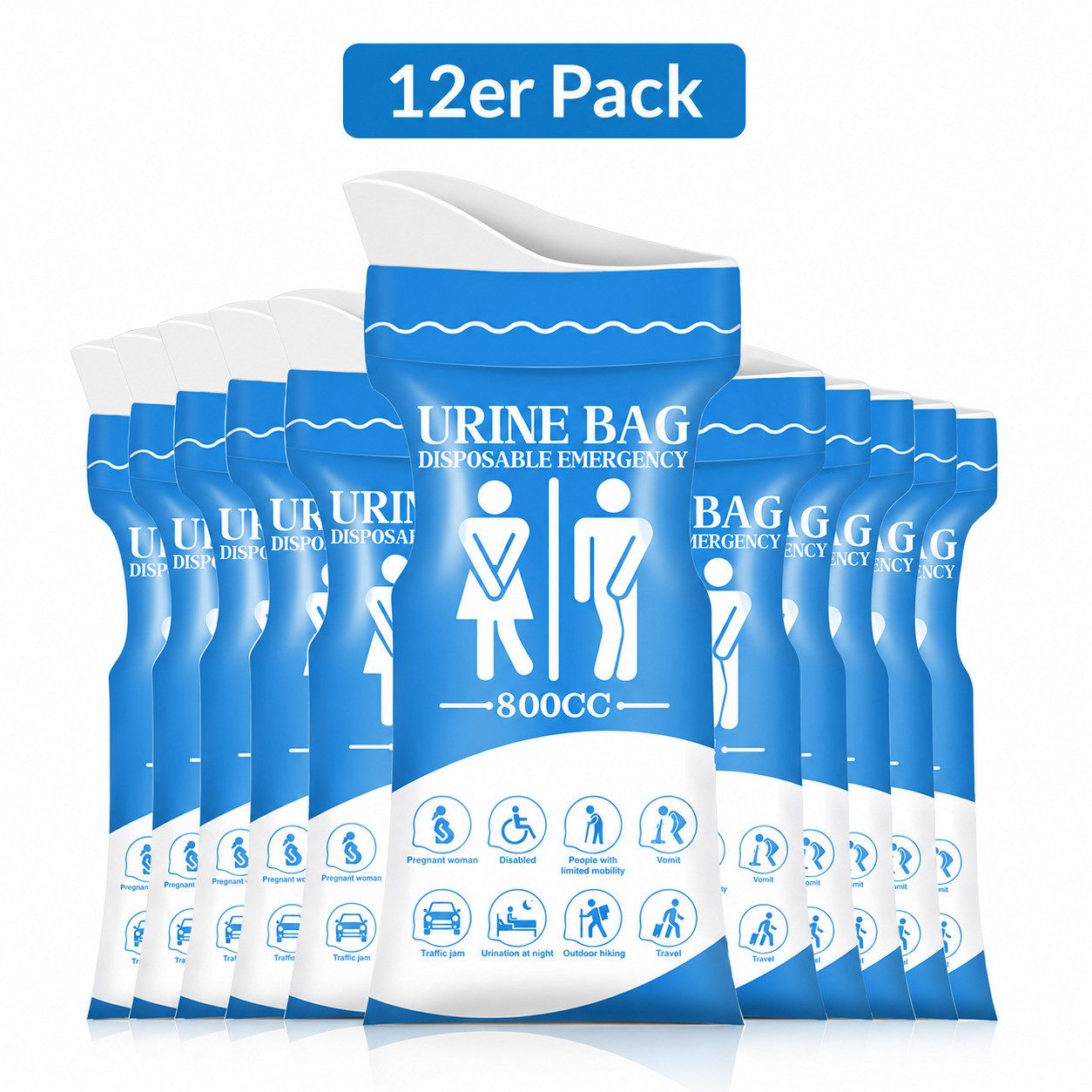 COOL-i ® Campingtoilette Notfall Urinbeutel 12er Set, 800 ml Einweg Urinbeutel, Unisex Reise WC für Auto, Camping & Outdoor