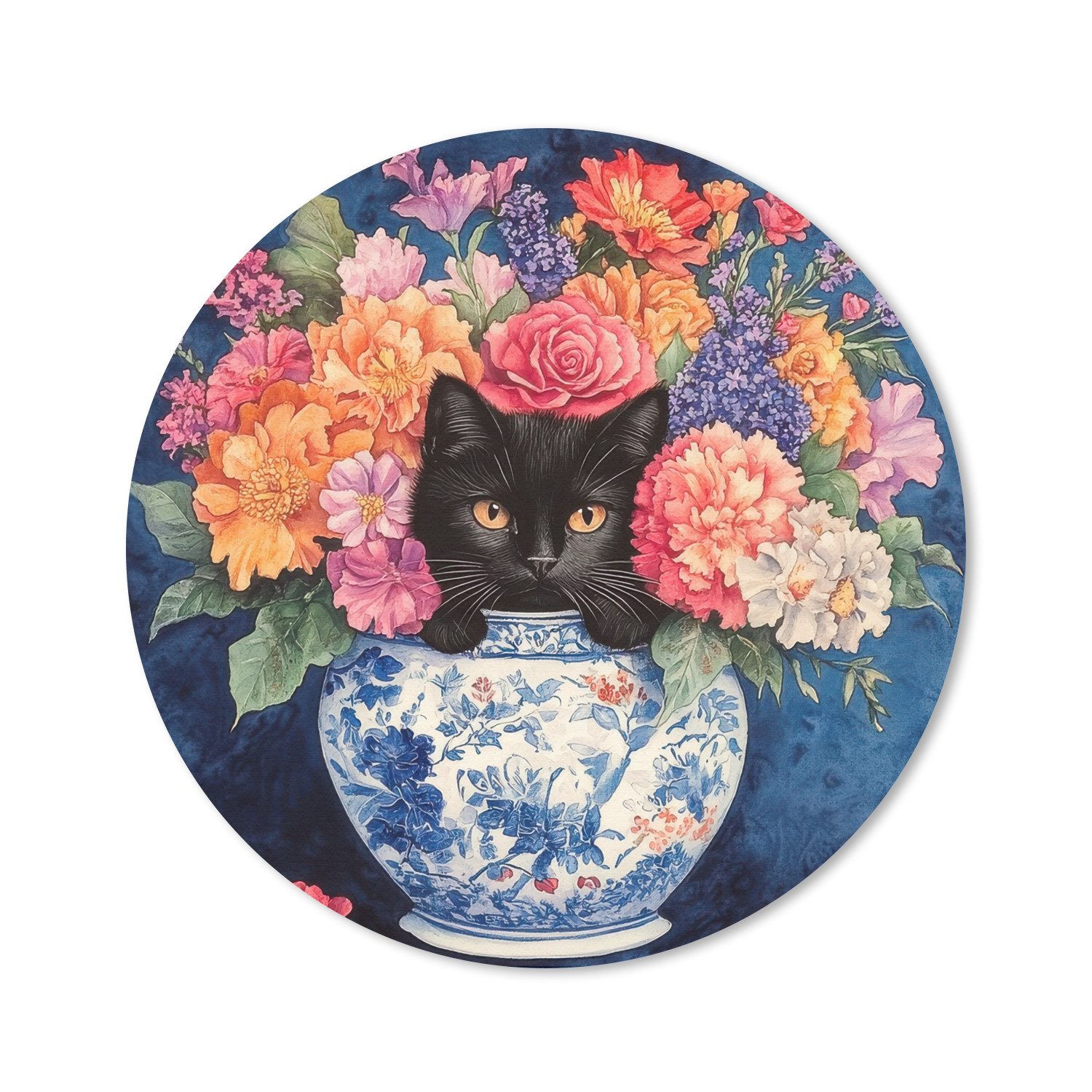 MuchoWow Mauspad Katze - Bunte Blumen - Vase (1-St), Büro für Tastatur und Maus, Mousepad Gaming, Rund 20x20 cm