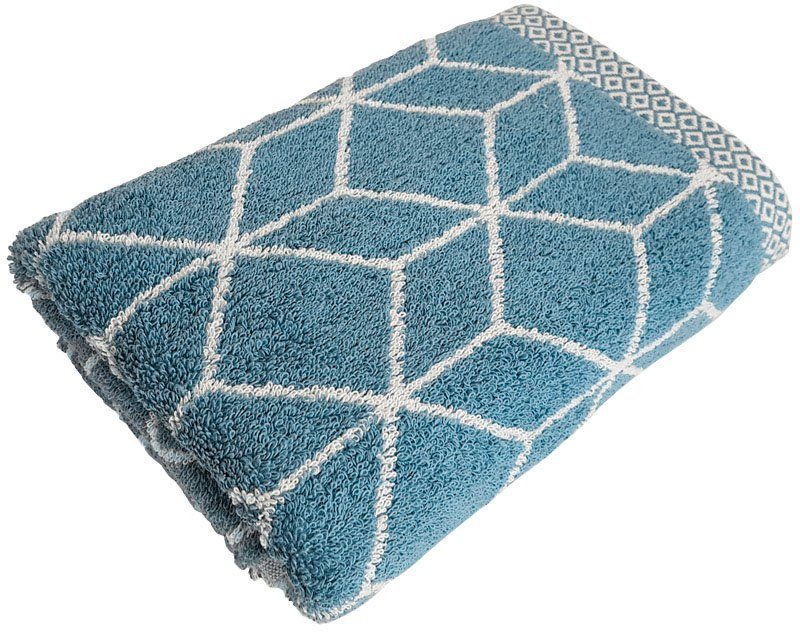 framsohn frottier Duschtuch Design gewebtem Österreich in Jacquard-Walkfrottier mehrfarbig jeansblau-weiß Saum, hergestellt Jacquard, (1-St)