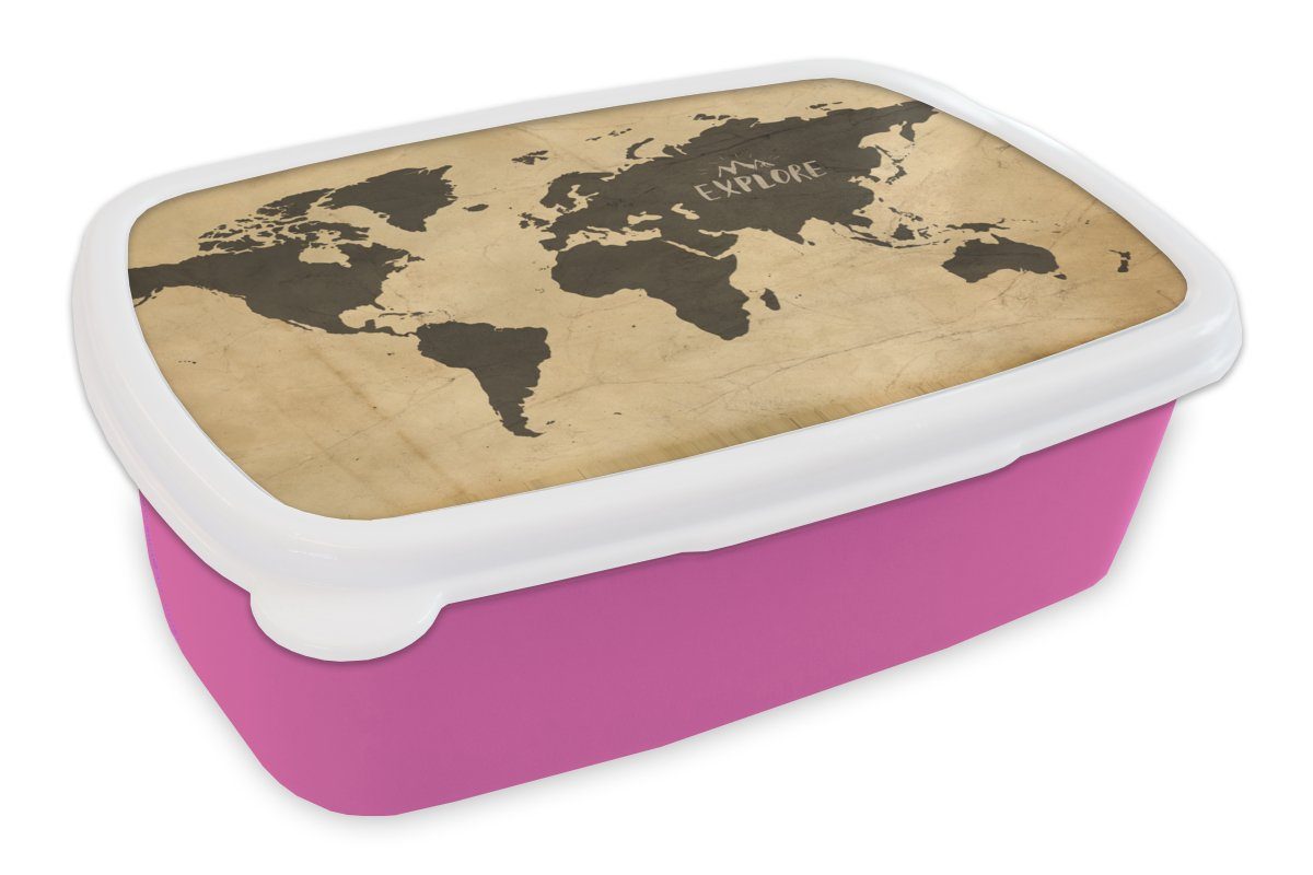 (2-tlg), Weltkarte Kunststoff, Kinder, Snackbox, - MuchoWow rosa Erwachsene, für Brotdose Lunchbox Brotbox Mädchen, - Vintage, Erforschen Kunststoff