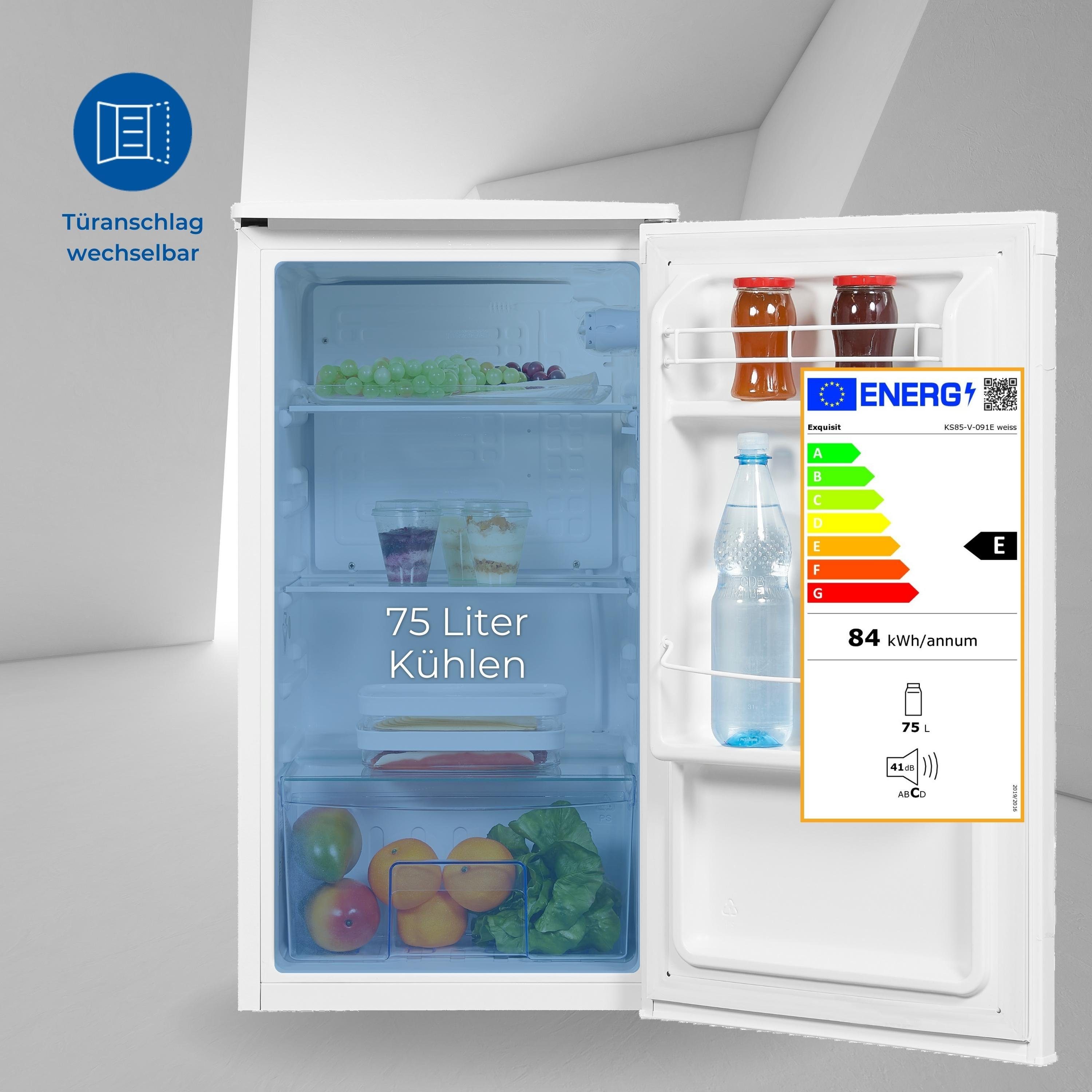 exquisit Vollraumkühlschrank KS85-V-091E weiss, 84.3 cm hoch, 45 cm breit, 75 Nutzinhalt, Temperaturregelung stufenlos, verstellbare Glasablagen
