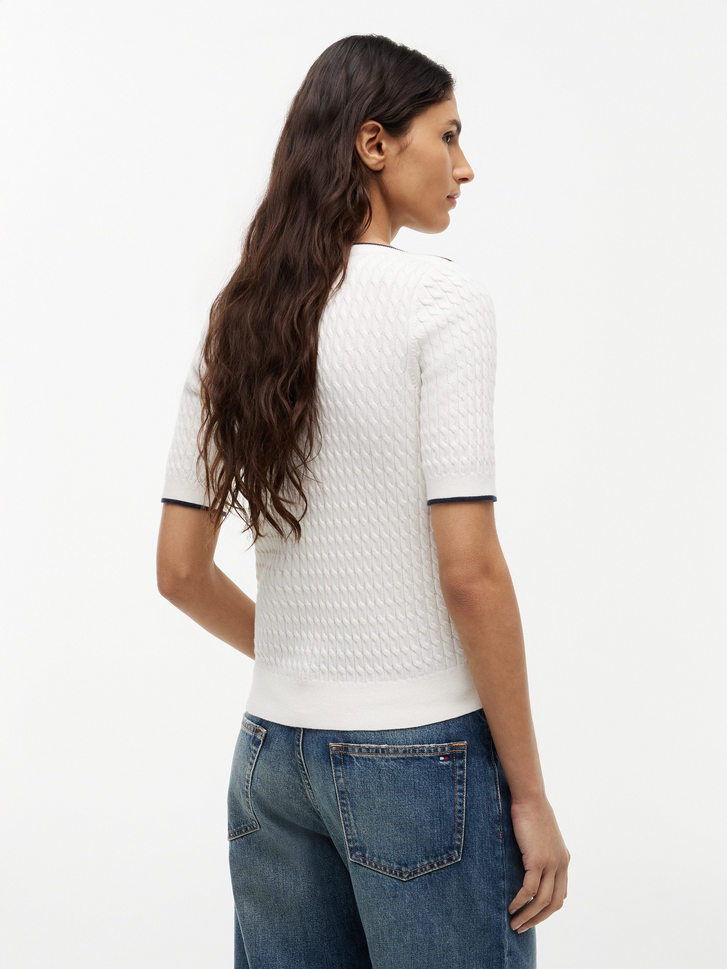 Tommy Hilfiger Kurzarmpullover FINE GG CABLE BOAT NK S/S Baumwolle, mit Zopfstrickmuster